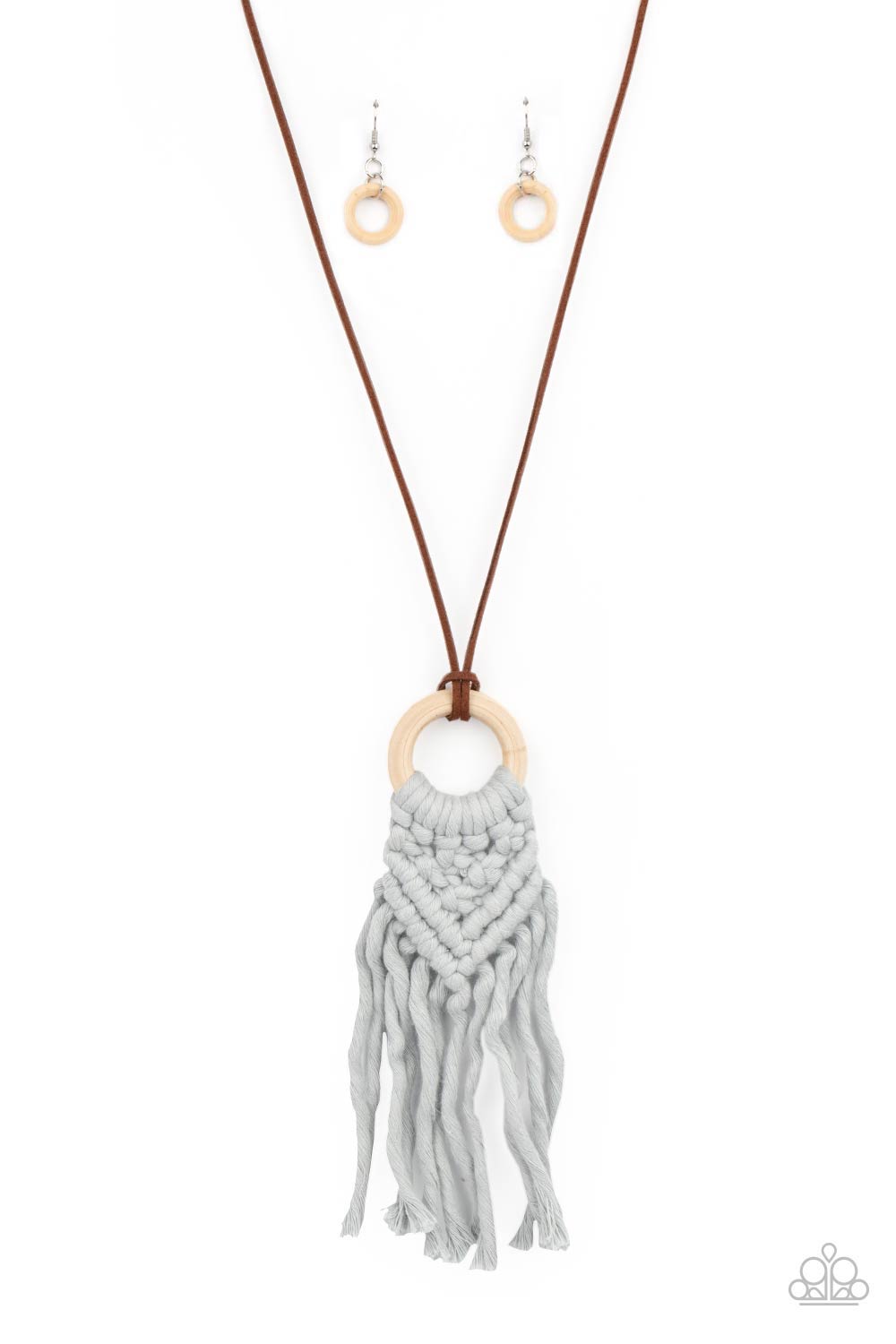 Crafty Couture - Silver Macrame Necklace - Paparazzi Accessories - Strands of gray yarn-like thread delicately weaves into a knotted macrame pattern at the bottom of a white wooden hoop. Dainty strands of brown suede knot around the pendant for an earthy flair. Features an adjustable clasp closure.