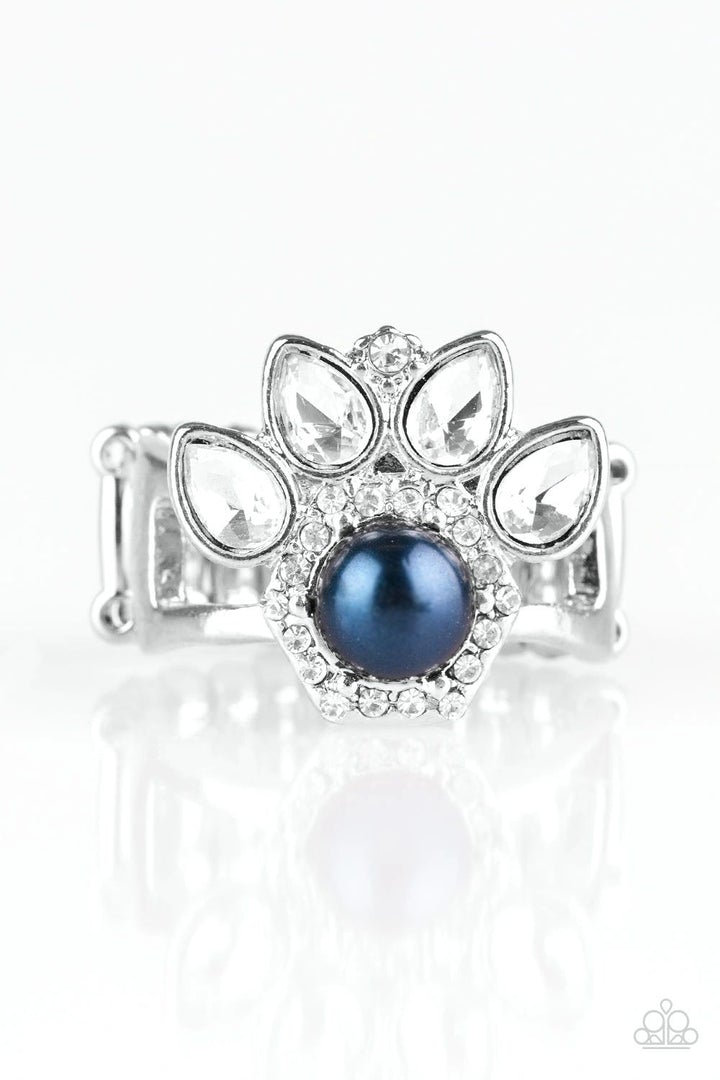 Crown Coronation - Blue - Silver Ring - Paparazzi Accessories - glittery white rhinestones flare from the center of a blue pearl drop center. Dainty white rhinestones spin around the pearly center for a glamorous finish. Features a stretchy band for a flexible fit. -  Bejeweled Accessories By Kristie - Trendy fashion jewelry for everyone -