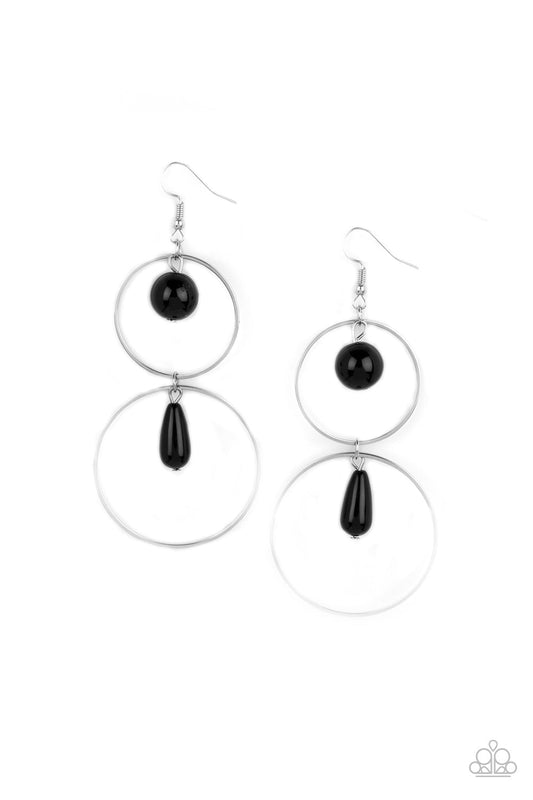 Cultured in Couture - Black and Silver Earrings - Paparazzi Accessories - A classic black bead swings from the top of a shiny silver hoop that is linked to another silver hoop by a matching black bead, creating a stunningly stacked display. Earring attaches to a standard fishhook fitting.