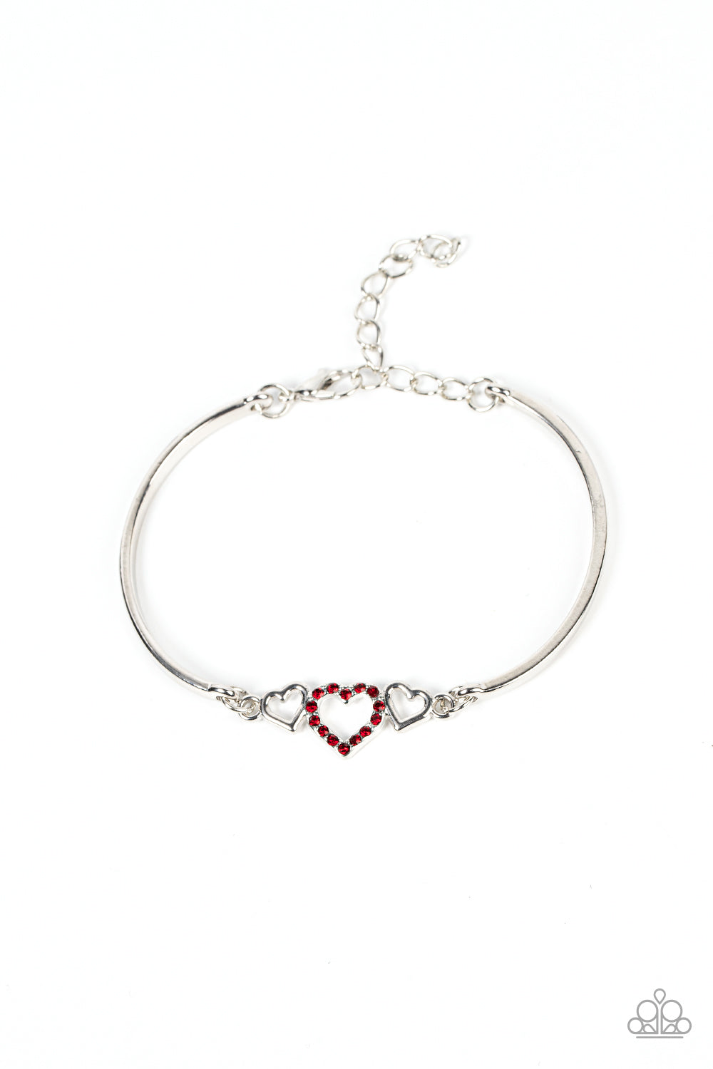 Cupids Confessions - Red Heart - Silver Bracelet - Paparazzi Jewelry - Bejeweled Accessories By Kristie - Two shiny silver hearts flank a red rhinestone dotted heart at the center of two curved silver bars, linking into a flirtatious centerpiece around the wrist. Features an adjustable clasp closure. Sold as one individual stylish bracelet.
