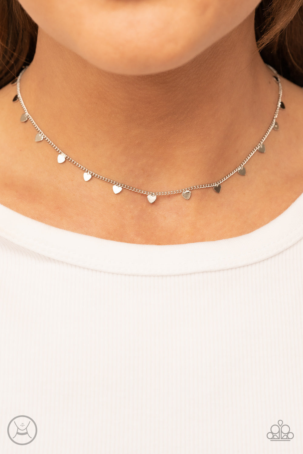 Cupids Cutest Valentine - Silver Heart Choker Necklace - Paparazzi Accessories - Dainty silver hearts dance from a dainty silver chain around the neck, creating a flirtatious fringe fashion choker necklace.