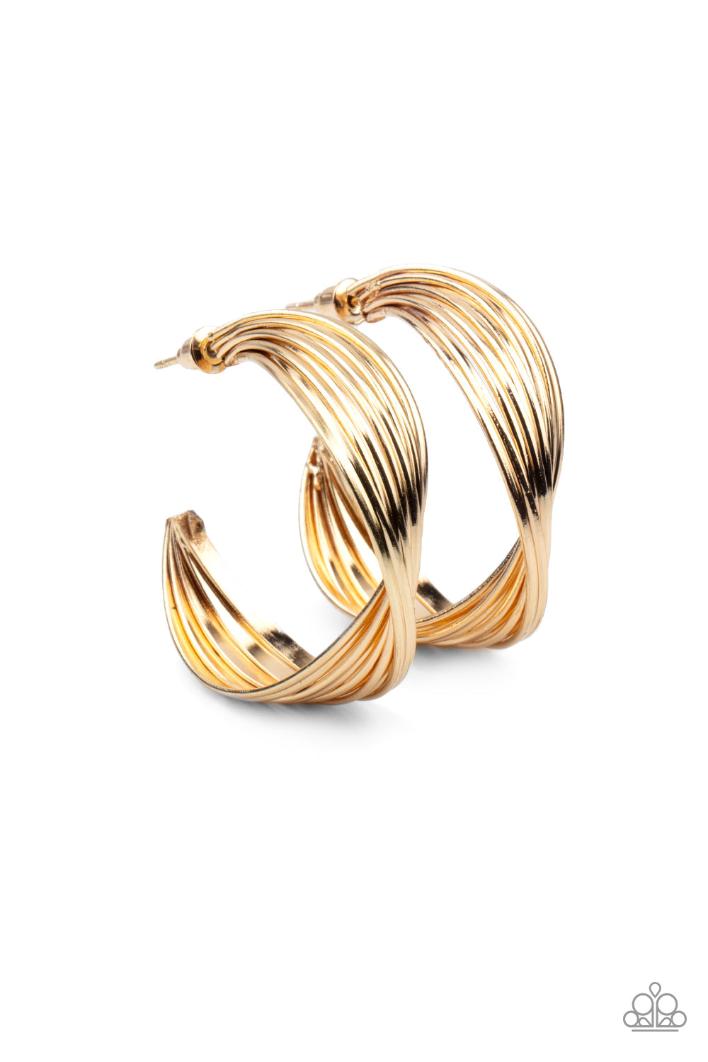 Curves In All The Right Places - Gold Hoop Earrings - Paparazzi Accessories - A stack of shiny gold hoops delicately twists at the center, creating a curvaceous display. Earring attaches to a standard post fitting. Hoop measures approximately 1 1/4" in diameter. Sold as one pair of hoop earrings.