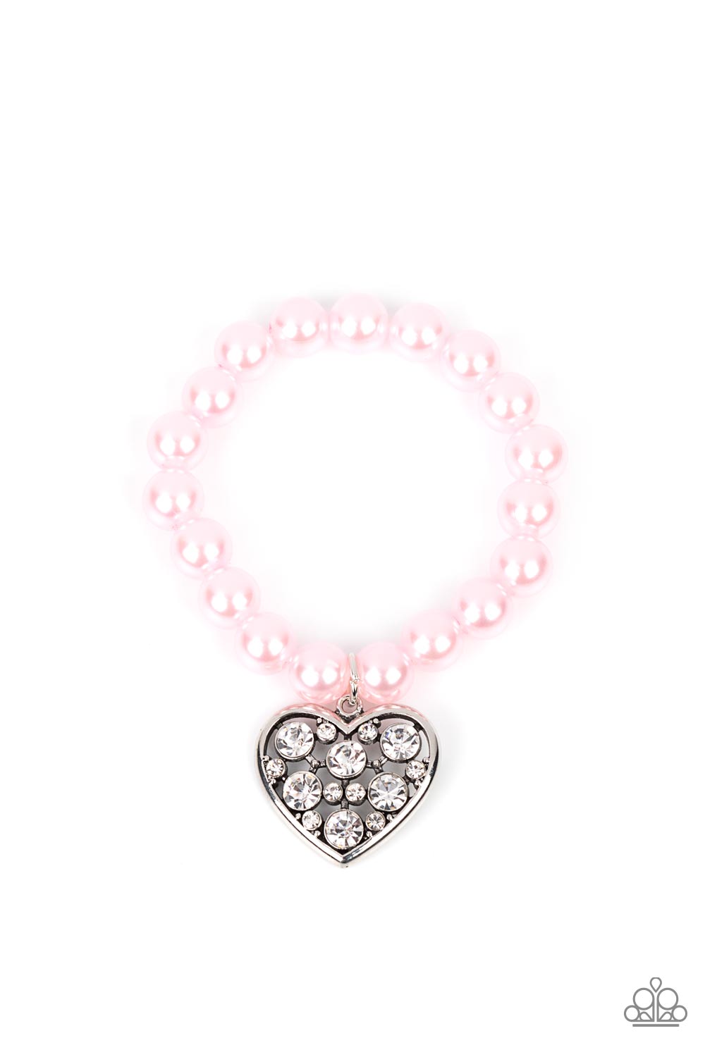 Cutely Crushing Pink Pearl - Heart Charm - Stretchy Bracelet - Paparazzi Accessories - A dramatically oversized white rhinestone encrusted silver heart charm dangles from a stretchy strand of bubbly pink pearls, creating a dazzle around your wrist.