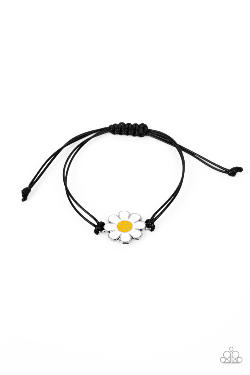 DAISY Little Thing - Black Floral Bracelet - Paparazzi Accessories - Held together and centered within soft black cording, a single daisy charm rests. Featuring a silver smiley face in its yellow center, this single flower provides a fashionably, minimalistic statement around the wrist.