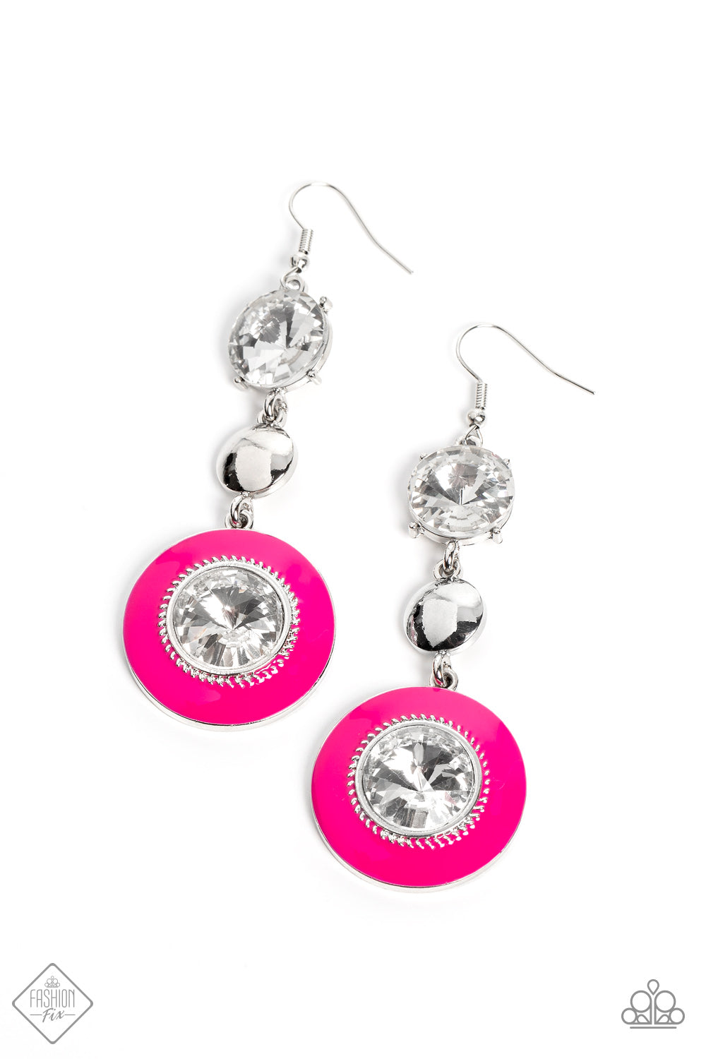 Dame Disposition - Pink and Silver Earrings - Paparazzi Accessories - An exaggerated white gem, set in pronged fittings, leads a cascade of jaw-dropping dazzle and playful color. A polished silver disc swings from the bottom of the solitaire rhinestone, giving way to another oversized white gem that is set inside a vibrant Pink Peacock frame. Subtle metallic detail adorns the bold pink frame, adding additional texture and light-catching intrigue to the dramatic design.