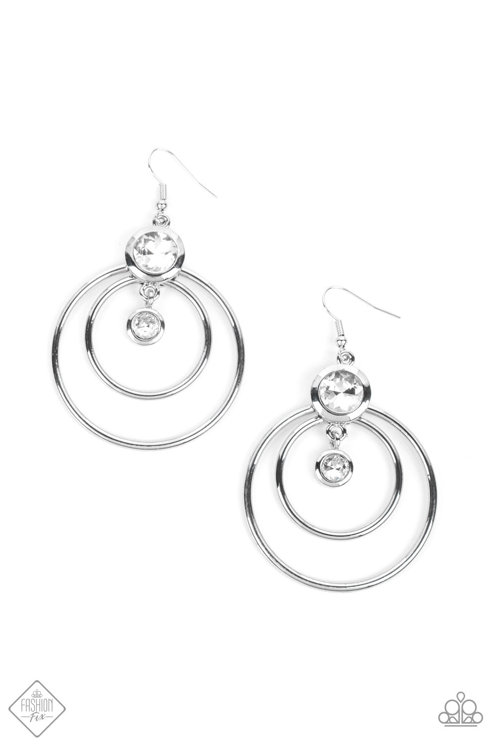 Dapperly Deluxe - Silver Fashion Earrings - Paparazzi Accessories - Two airy hoops anchor an oversized white rhinestone set in a thick silver frame for some playful movement. Dangling below the oversized white rhinestone, a dainty rhinestone set in the same frame and shimmer adds additional luxury. Earring attaches to a standard fishhook fitting. Sold as one pair of earrings.