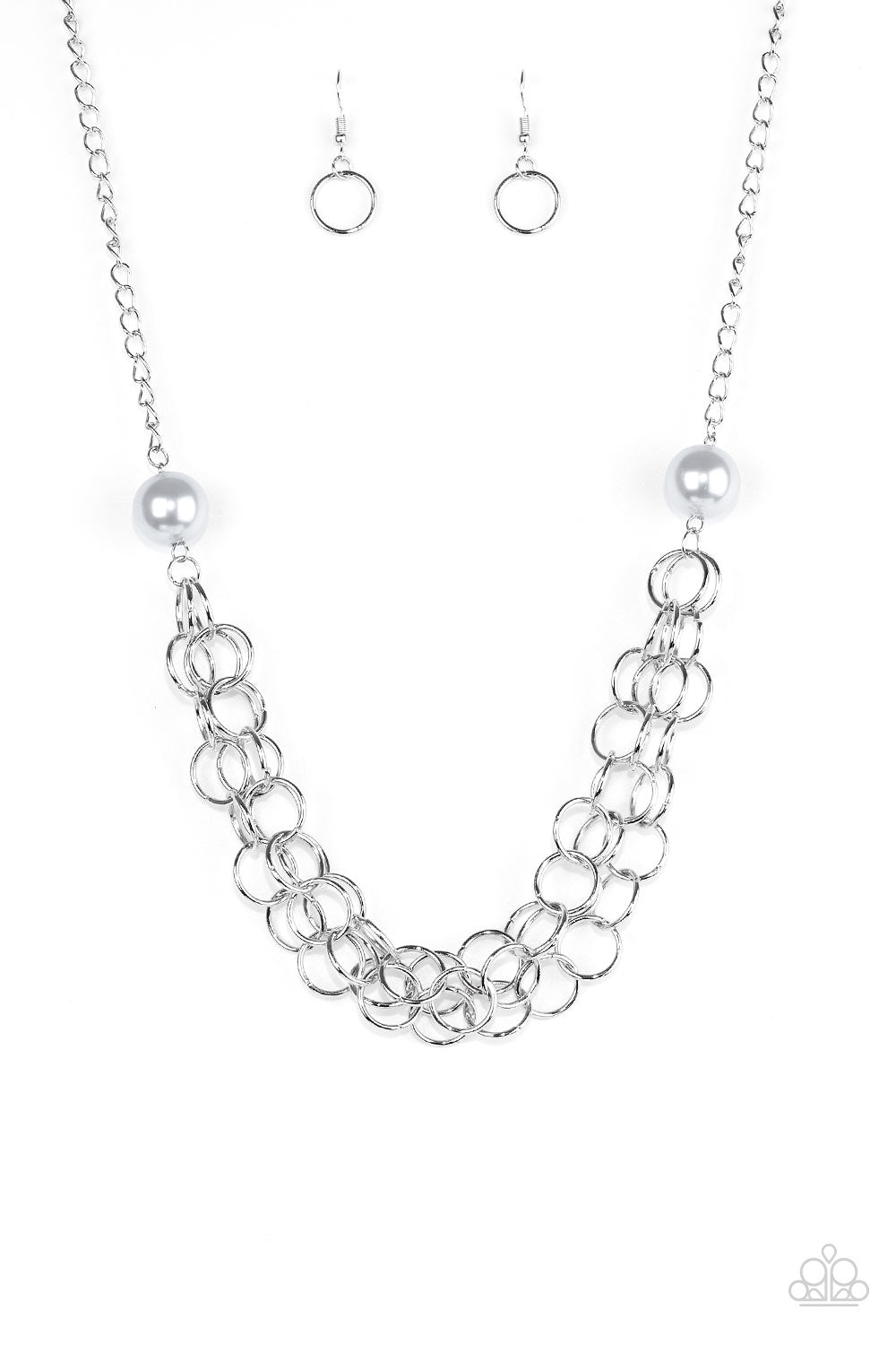 Daring Diva - Silver Pearl Fashion Necklace - Paparazzi Accessories - Two oversized silver pearls give way to dramatic silver chains, creating bold layers below the collar for a sassy look. Features an adjustable clasp closure.
