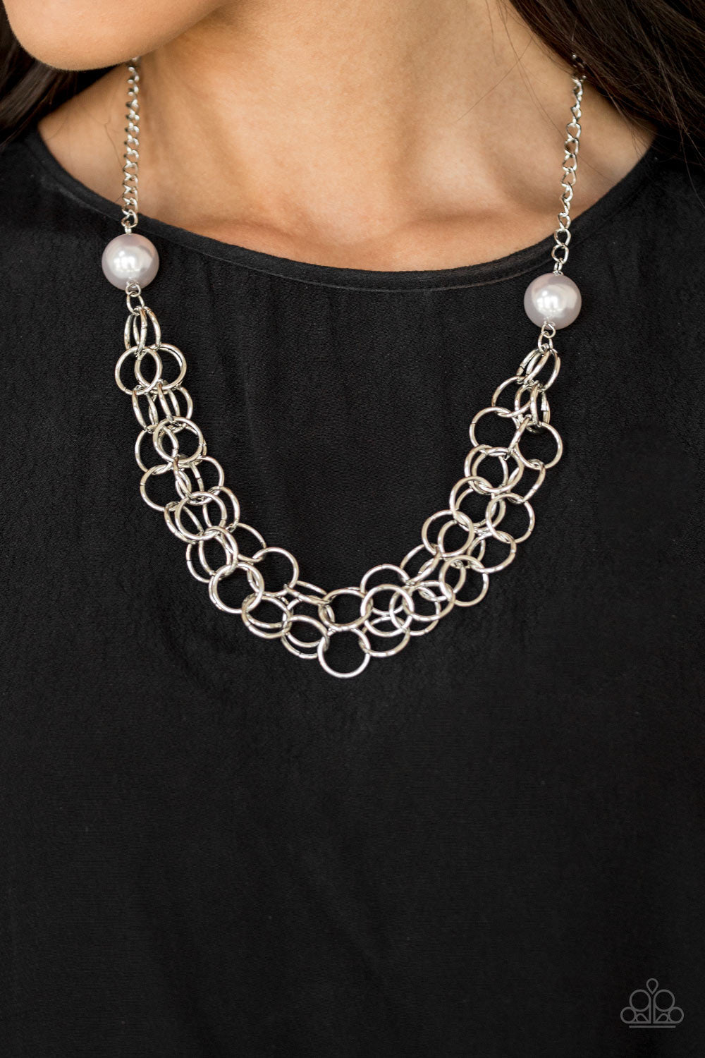 Daring Diva - Silver Pearl Fashion Necklace - Paparazzi Accessories - Two oversized silver pearls give way to dramatic silver chains, creating bold layers below the collar for a sassy look. Features an adjustable clasp closure.