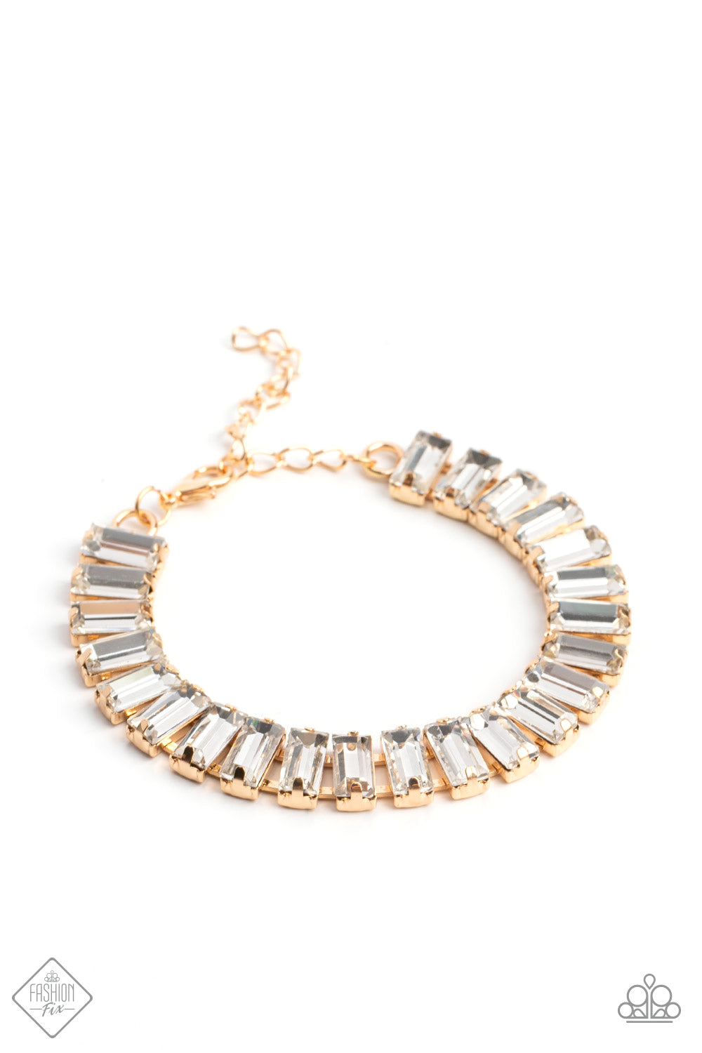 Darling Debutante - Gold Bracelet - Paparazzi Accessories -Set in prominent, pronged gold fittings, a glassy collection of emerald-cut, white gems fall in line around the wrist, creating a stunning, light-catching display. Features an adjustable clasp closure. Sold as one individual bracelet. 