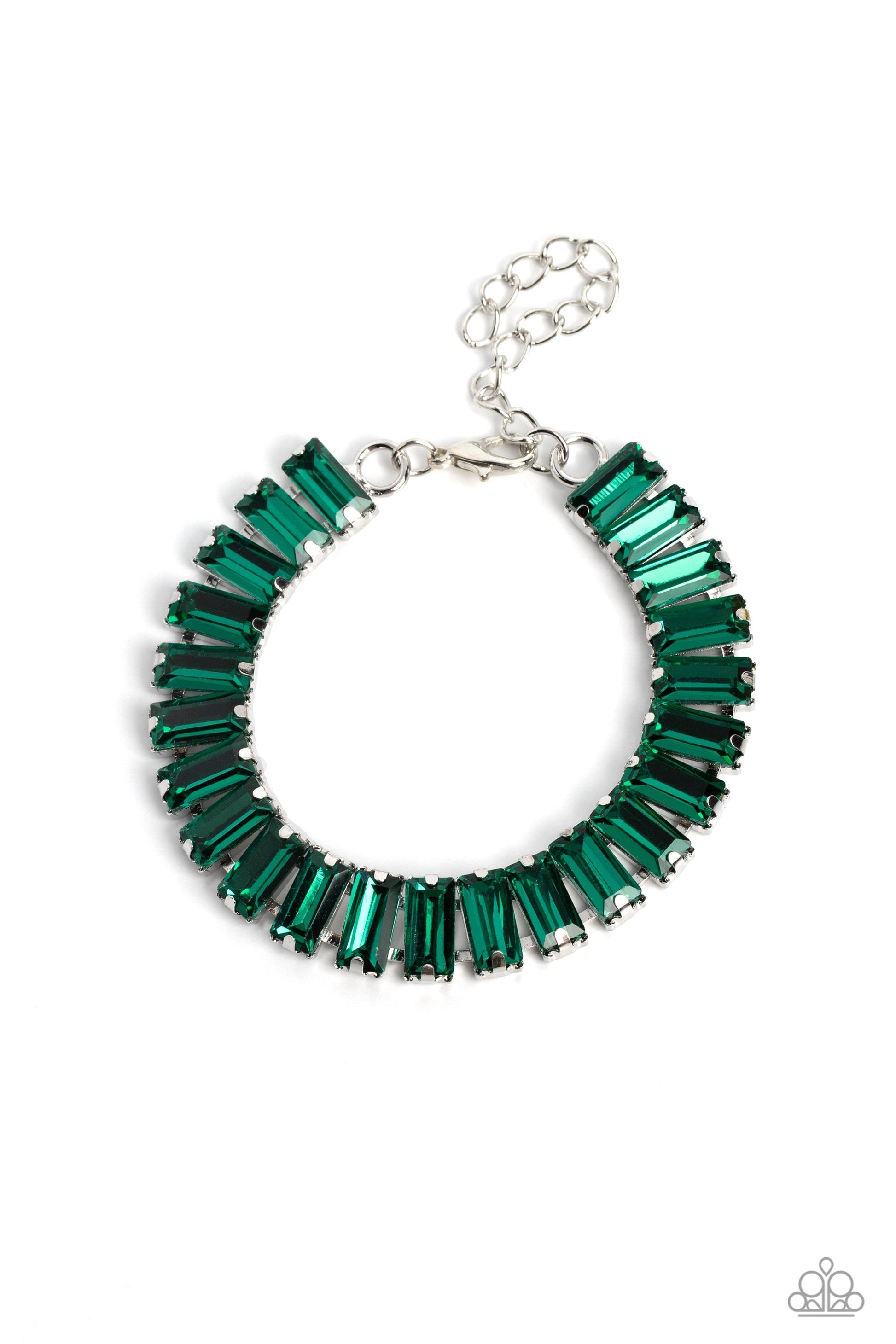 Darling Debutante - Green Gem Bracelet - Paparazzi Accessories - Set in prominent, pronged silver fittings, a glassy collection of emerald-cut, green gems fall in line around the wrist, creating a stunning, light-catching display. Features an adjustable clasp closure. Sold as one individual bracelet.