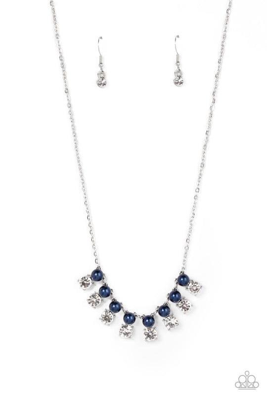 Dashingly Duchess - Blue Pearl and Silver Necklace - Paparazzi Accessories - Encased in sleek silver fittings, pairs of blue pearls and white rhinestones elegantly stack below the collar for a romantically refined flair. Features an adjustable clasp closure. Sold as one individual necklace.