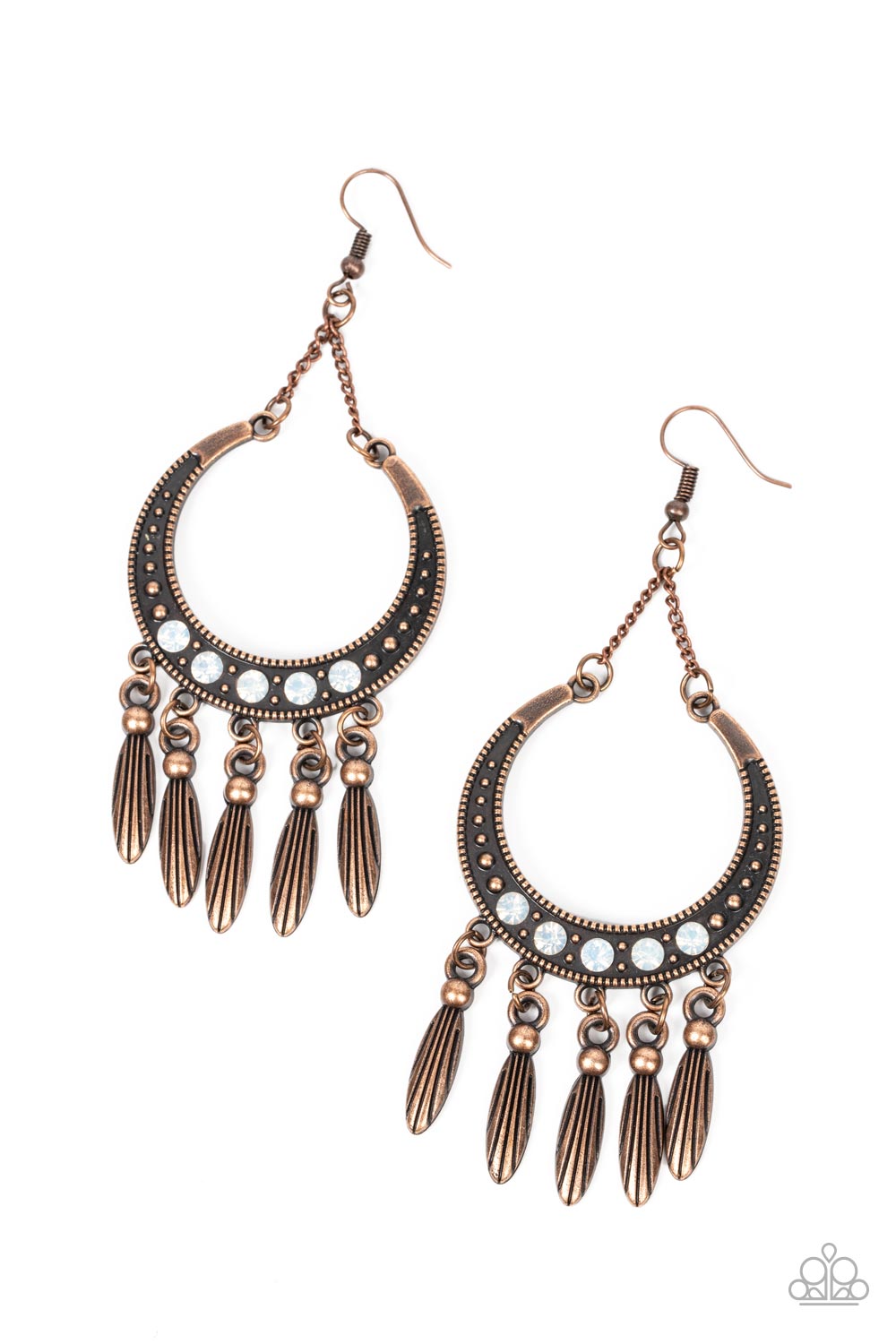 Day to DAYDREAM - Copper Earrings - Paparazzi Accessories - A row of opal rhinestones adorns the center of a studded copper half moon frame. Tassels of classic and textured copper beads cascade from the bottom of the frame, creating a dreamy fringe.