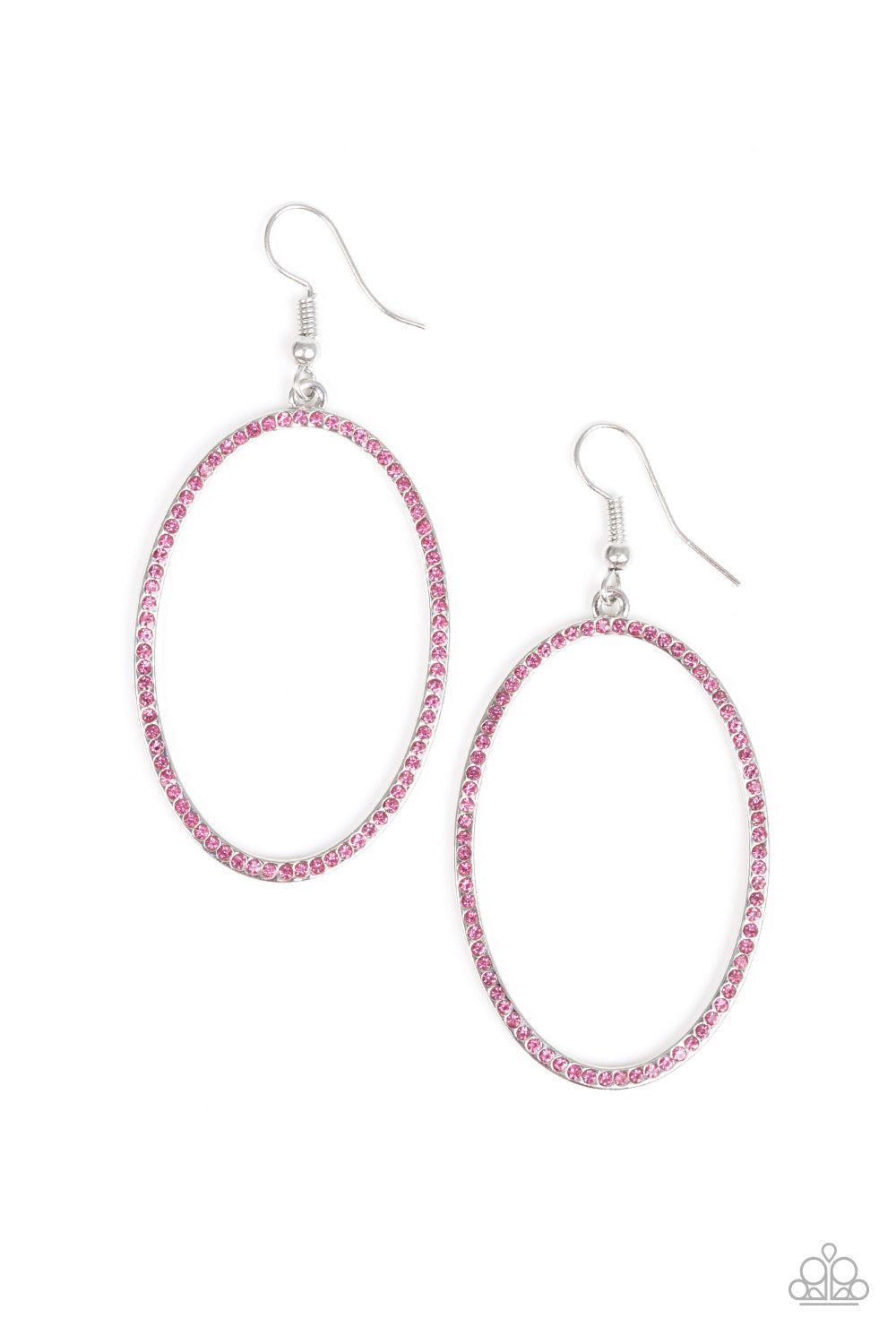 Dazzle On Demand - Pink and Silver Earrings - Paparazzi Accessories - Encrusted in glassy pink rhinestones, an airy silver hoop swings from the ear for a refined fashion.
