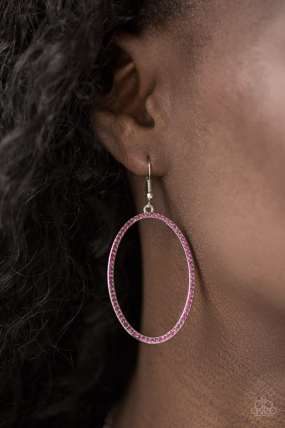 Dazzle On Demand - Pink and Silver Earrings - Paparazzi Accessories - Encrusted in glassy pink rhinestones, an airy silver hoop swings from the ear for a refined fashion.