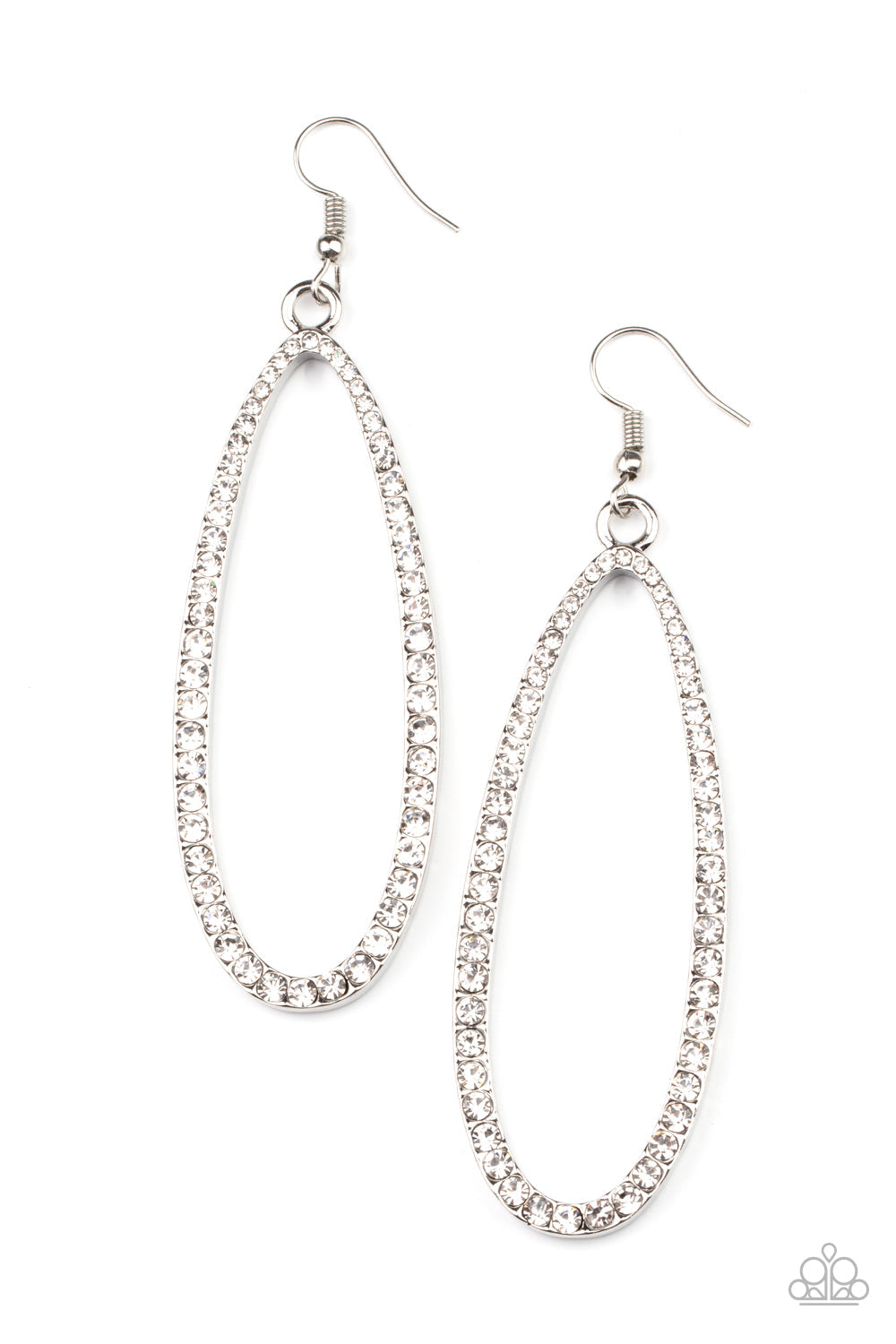 Dazzling Decorum - White and Silver Earrings - Paparazzi Accessories - 
The front of a lengthened silver oval frame is encrusted in glittery white rhinestones, creating a glamorous centerpiece. Earring attaches to a standard fishhook fitting. Sold as one pair of earrings.
