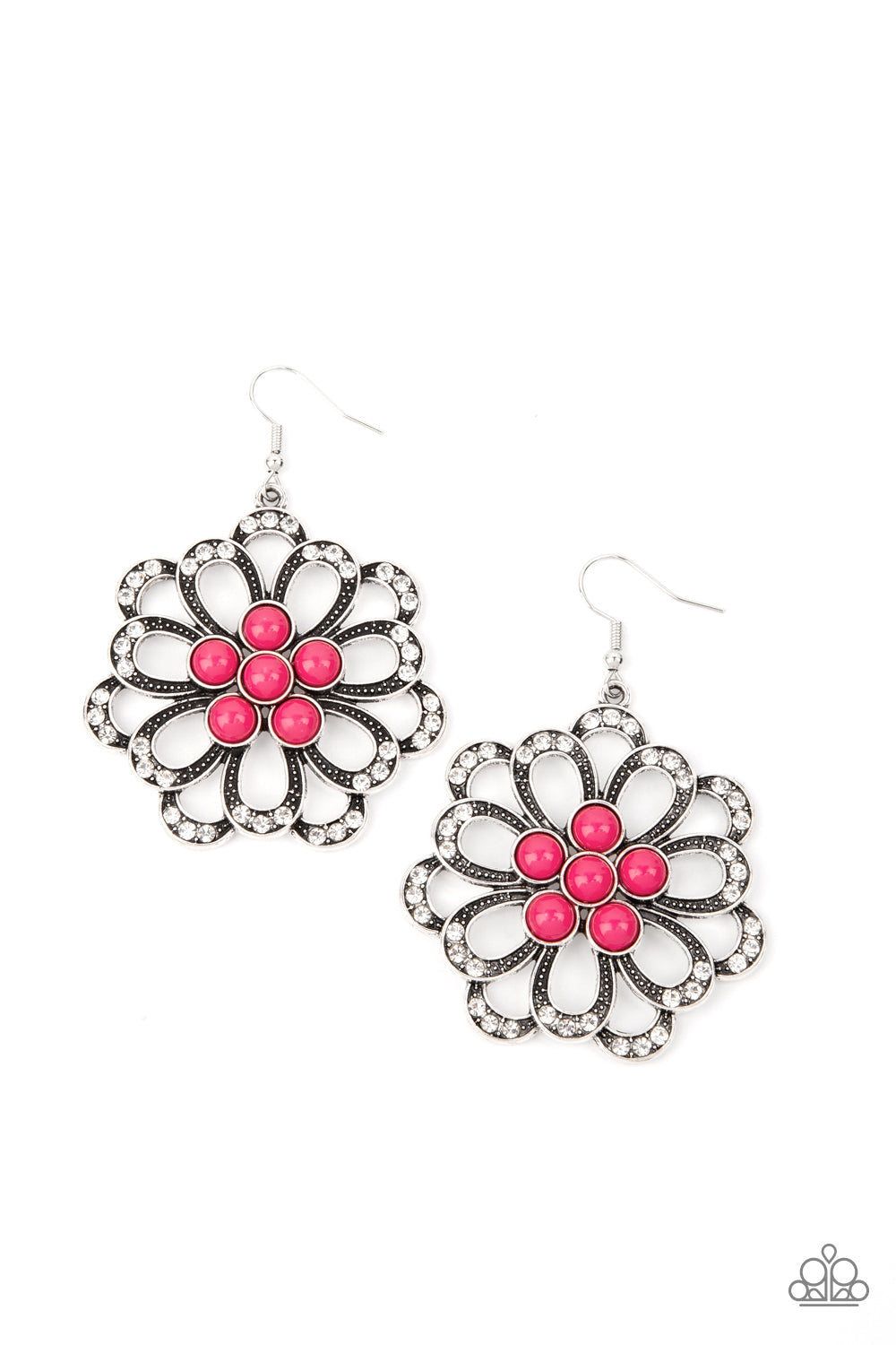 Dazzling Dewdrops - Pink and Silver Earrings - Paparazzi Accessories - Layers of white rhinestone tipped petals bloom from a bubbly pink beaded center, creating a colorful floral frame. Earring attaches to a standard fishhook fitting. Sold as one pair of earrings.