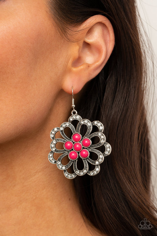 Dazzling Dewdrops - Pink and Silver Earrings - Paparazzi Accessories - Layers of white rhinestone tipped petals bloom from a bubbly pink beaded center, creating a colorful floral frame. Earring attaches to a standard fishhook fitting. Sold as one pair of earrings.