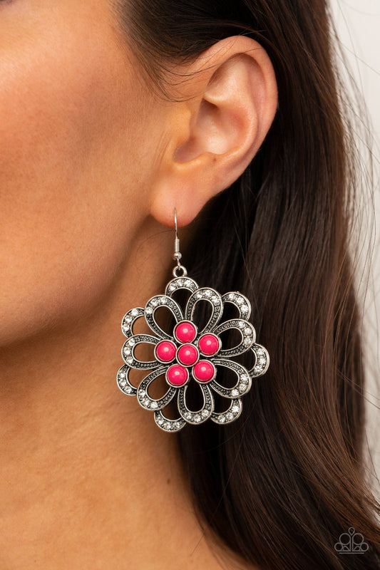 Dazzling Dewdrops - Pink and Silver Earrings - Paparazzi Accessories - Layers of white rhinestone tipped petals bloom from a bubbly pink beaded center, creating a colorful floral frame. Earring attaches to a standard fishhook fitting. Sold as one pair of earrings.
