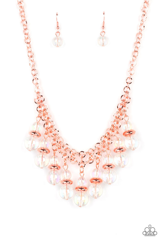 Deep Space Diva - Copper Necklace - Paparazzi Accessories - Featuring a stellar iridescence, pairs of glassy beads are separated by shiny copper discs, trickling below the collar in an effervescent fringe. Features an adjustable clasp closure.