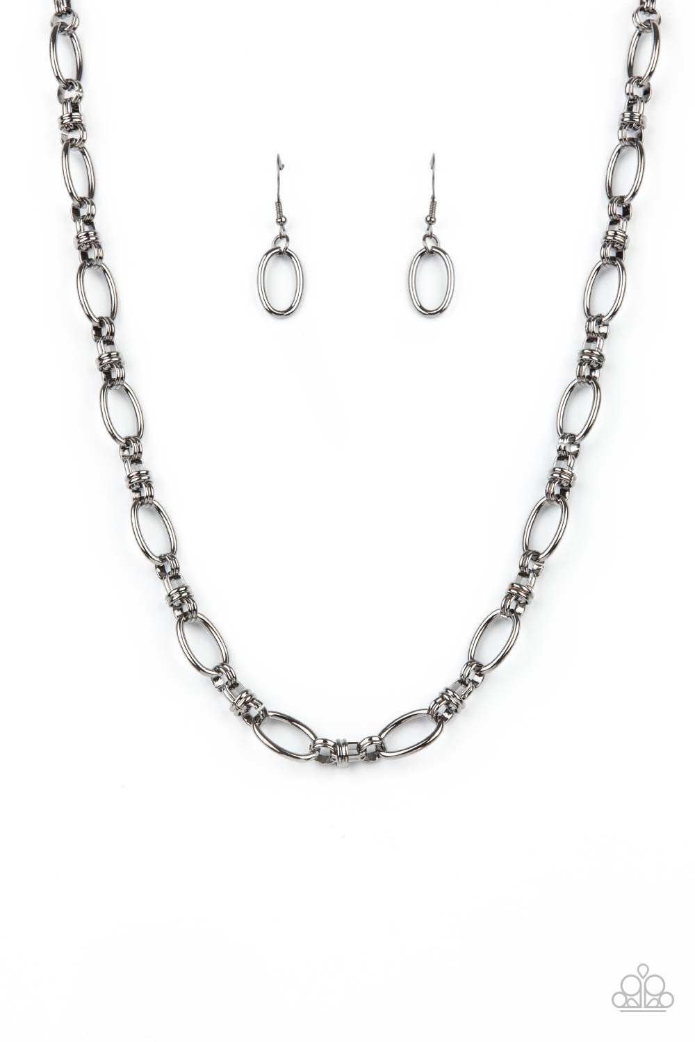 Defined Drama - Black Link - Gunmetal Fashion Necklace - Paparazzi Accessories - Gunmetal links connect a collection of gunmetal oval frames below the collar, creating an edgy chain. Necklace has an adjustable clasp closure.