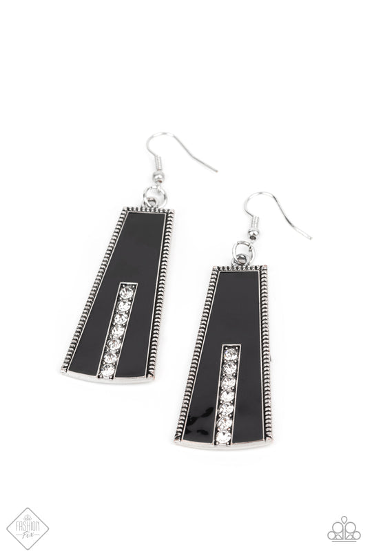 Demandingly Deco - Black and Silver Earrings - Paparazzi Accessories - High sheen black finish is bordered by subtle studded texture as it falls from the ear. A row of glittery rhinestones runs up the center of the frame, adding a dramatic touch of sparkle. Earring attaches to a standard fishhook fitting.