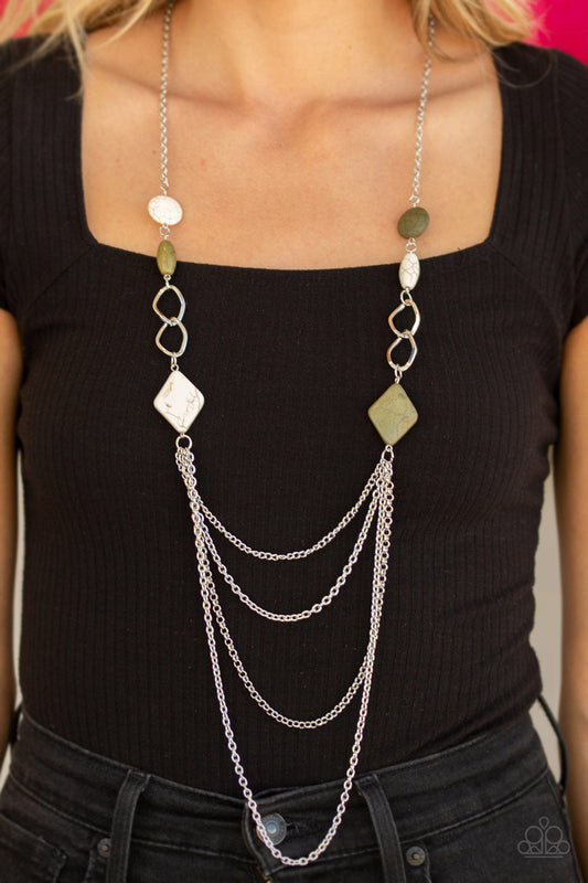 Desert Dawn - Multi Necklace - Paparazzi Accessories - Mismatched green and white stone beads and angular silver hoops give way to layers of shimmery silver chains down the chest for a seasonal look. Features an adjustable clasp closure.  Sold as one individual necklace.