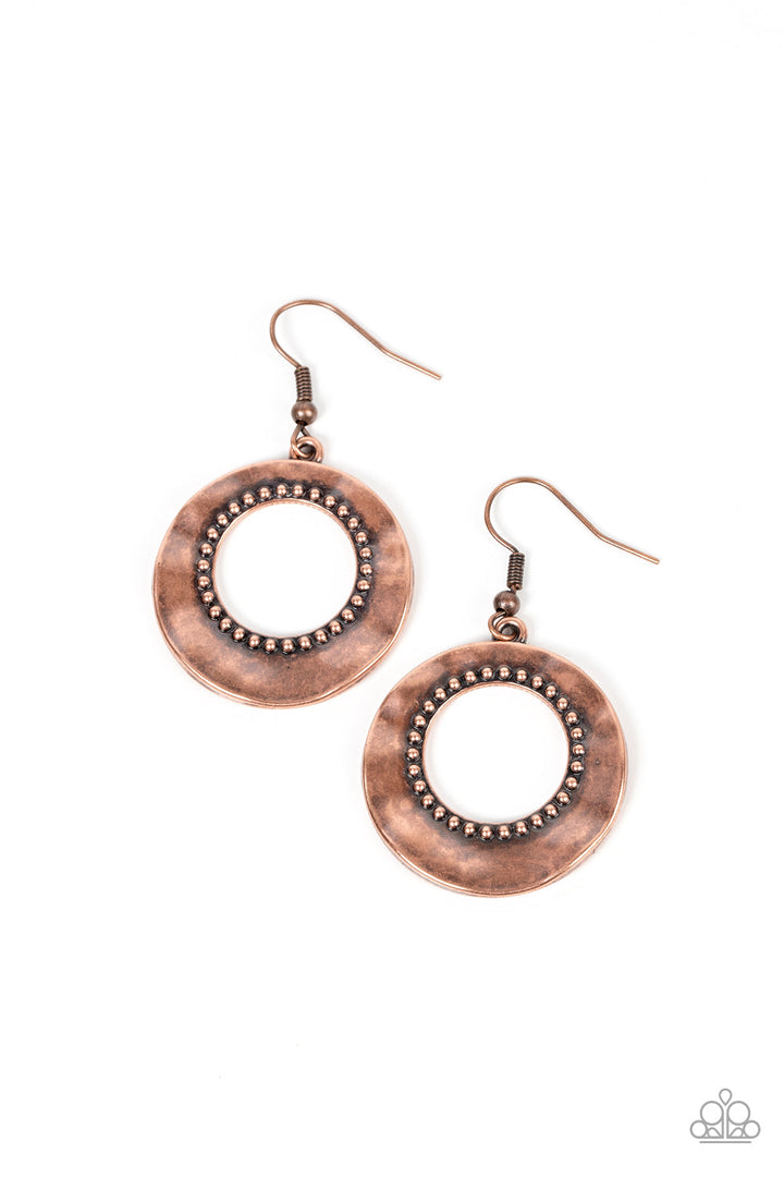Desert Diversity - Copper Brown Earrings - Brushed in a burnished finish, a warped copper disc ripples around a studded copper center for a rustic flair. Earring attaches to a standard fishhook fitting.