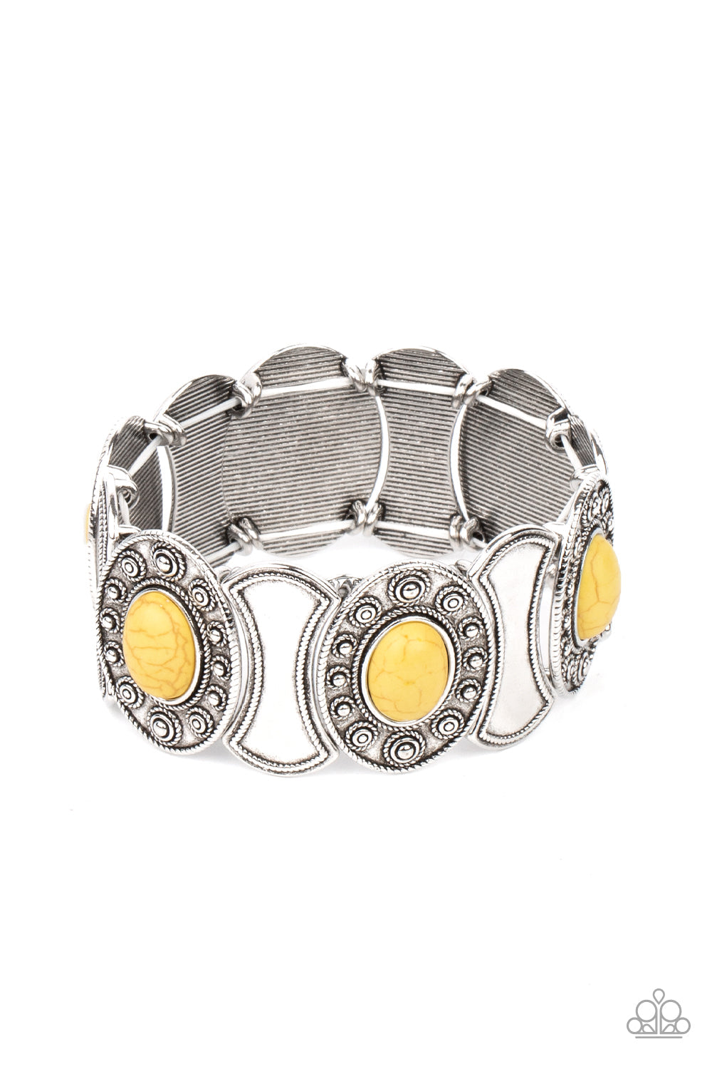 Desert Relic - Yellow Stone - Silver Stretchy Bracelet - Paparazzi Accessories - 
Dotted in ornate silver studs, yellow stone embellished silver frames join hammered silver plates along stretchy bands around the wrist for a colorful seasonal flair. Sold as one individual bracelet.
