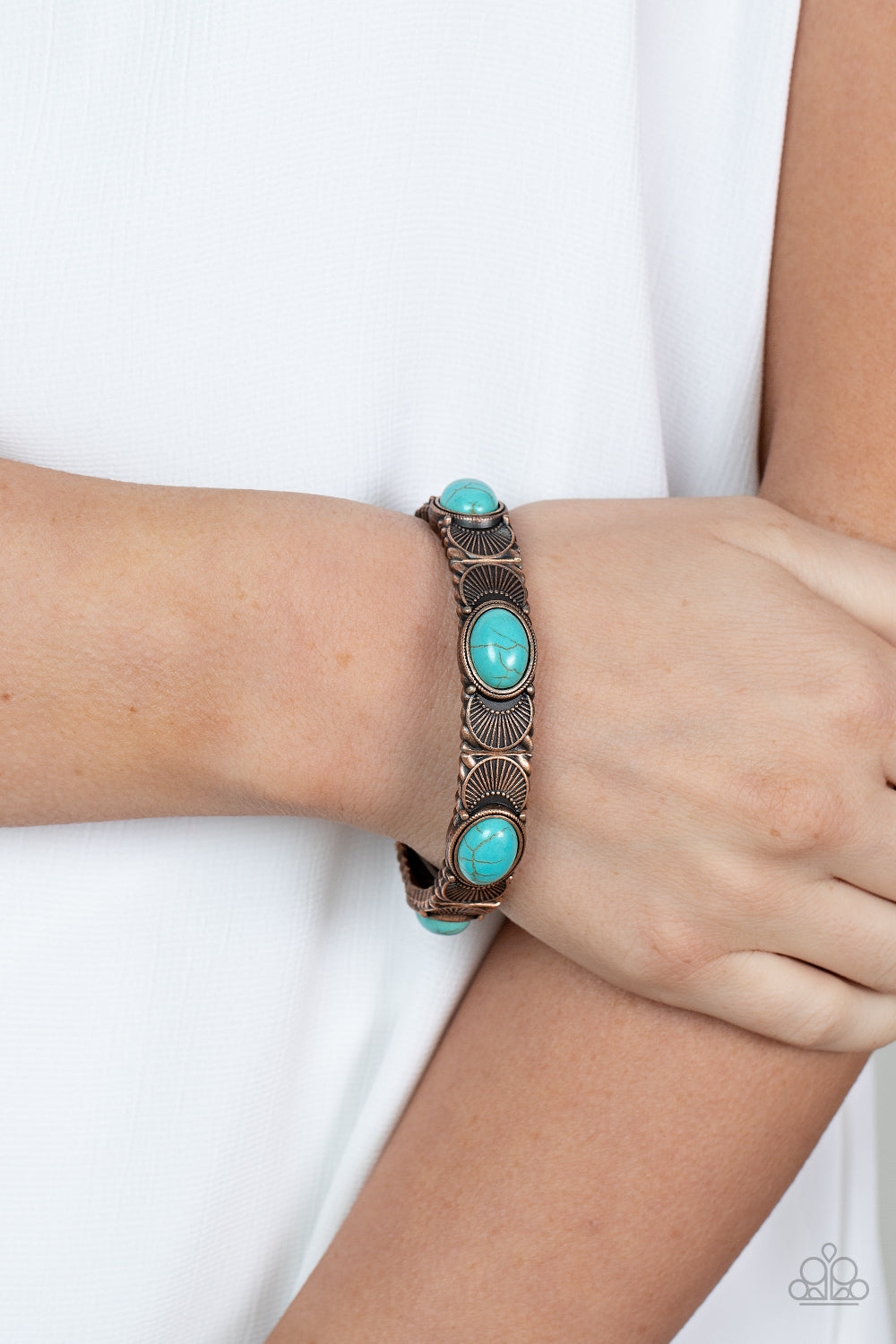 Desert Skyline - Copper and Turquoise Bracelet - Paparazzi Accessories - Flanked by copper half moon accents, turquoise stone dotted copper frames are threaded along stretchy bands around the wrist for a rustic flair.