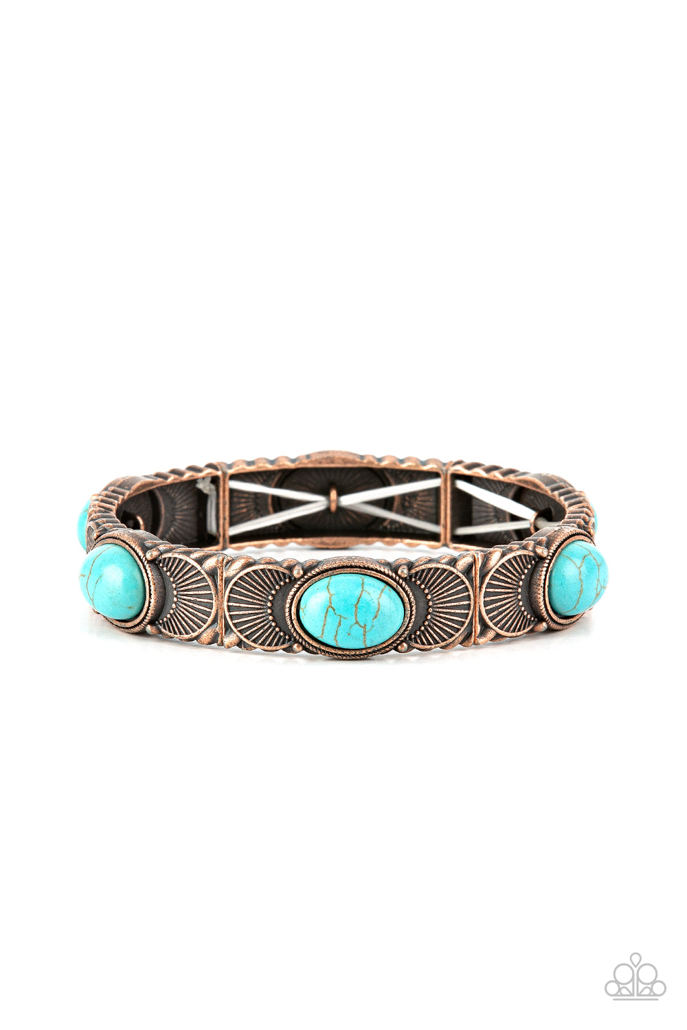 Desert Skyline - Copper and Turquoise Bracelet - Paparazzi Accessories - Flanked by copper half moon accents, turquoise stone dotted copper frames are threaded along stretchy bands around the wrist for a rustic flair.