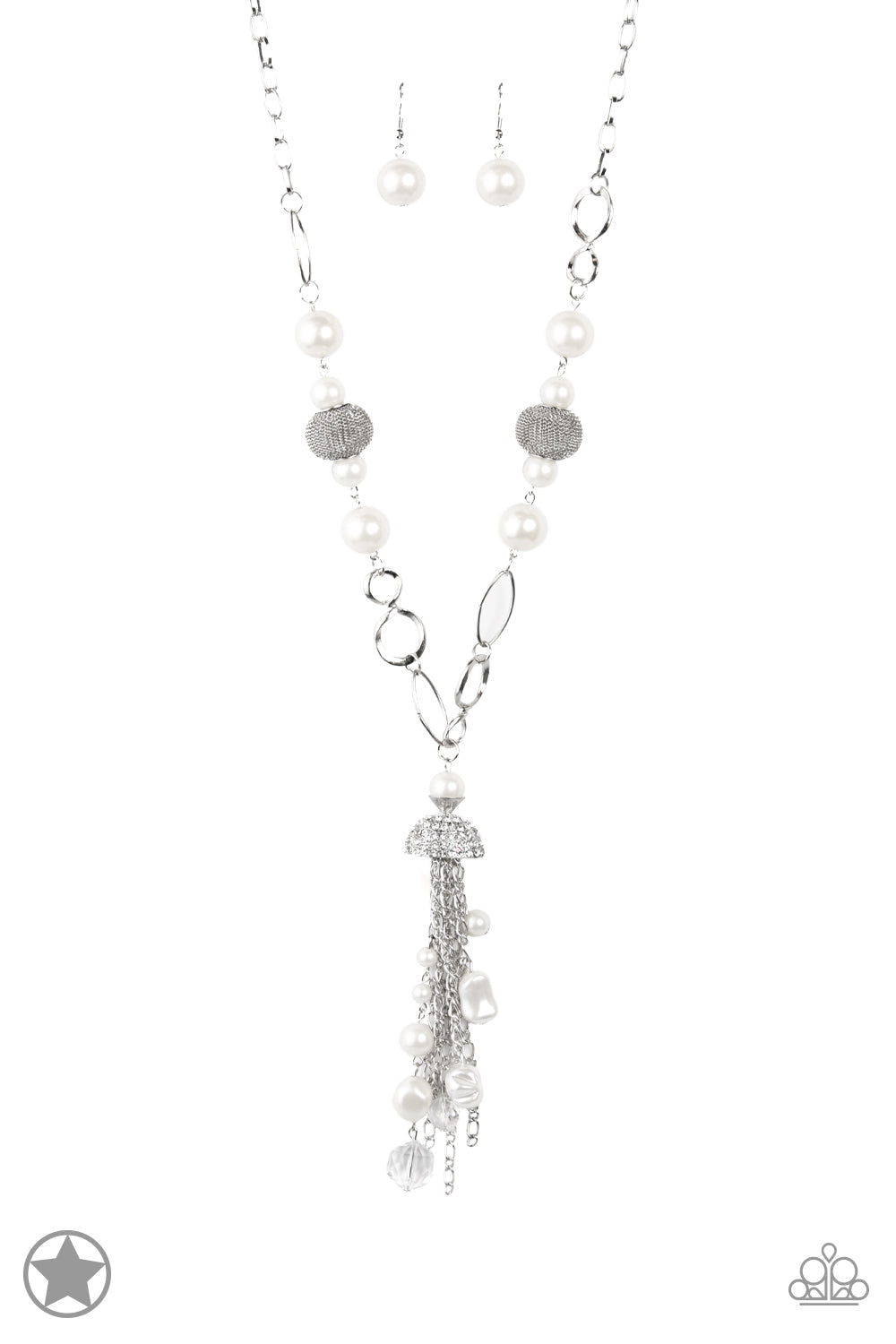 Designated Diva - White Pearl Necklace - Paparazzi Accessories - A half-shell studded in rhinestones overhangs a cluster of ivory pearls, tassels of silver chain, and small crystals. Two large wire mesh spheres and larger ivory pearls decorate the neckline.