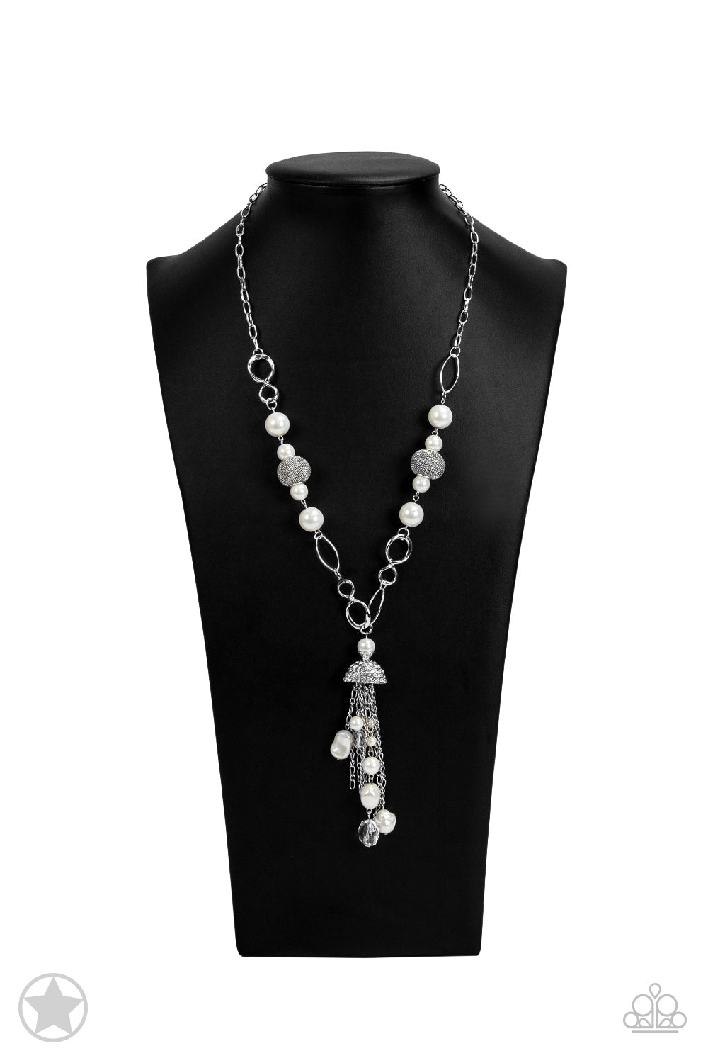 Designated Diva - White Pearl Necklace - Paparazzi Accessories - A half-shell studded in rhinestones overhangs a cluster of ivory pearls, tassels of silver chain, and small crystals. Two large wire mesh spheres and larger ivory pearls decorate the neckline.