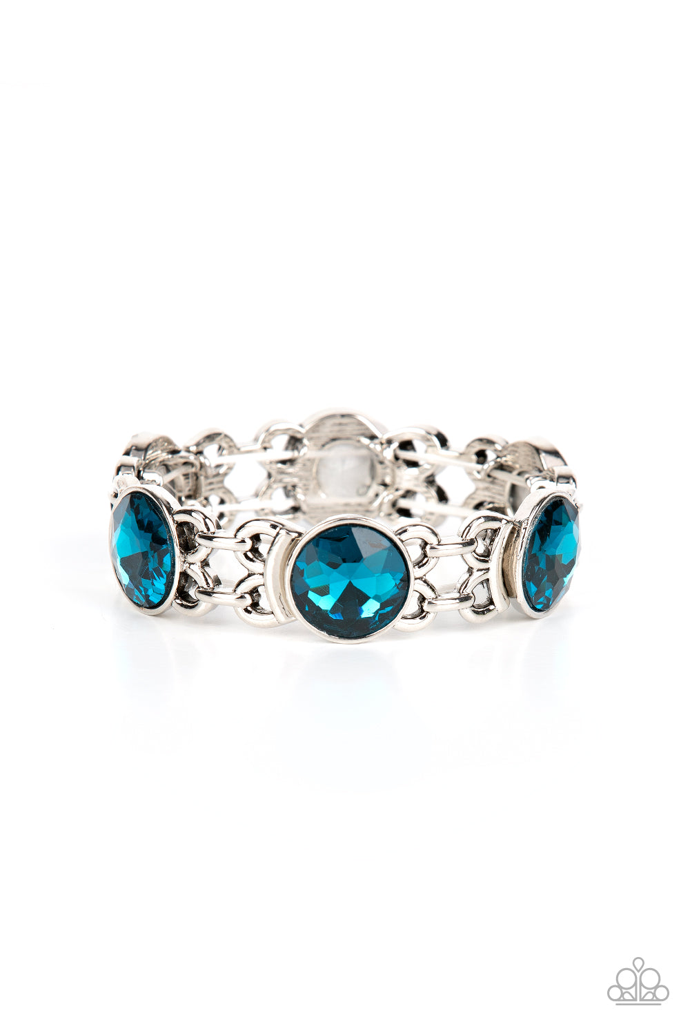 ​Devoted to Drama - Blue and Silver Stretchy Bracelet - Paparazzi Accessories - 
Featuring edgy chain-like fittings, a sparkly series of oversized blue rhinestones are threaded along stretchy bands around the wrist for a dramatic pop of glitz.
Sold as one individual bracelet.
