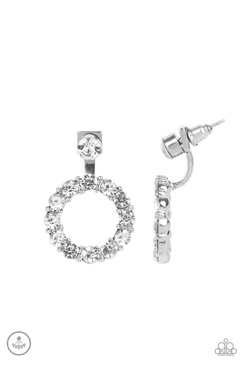 Diamond Halo - White and Silver Rhinestone Earrings - Paparazzi Accessories - 
A solitaire white rhinestone attaches to a double-sided post, designed to fasten behind the ear. Encrusted in a ring of glassy white rhinestones, the glittery hoop peeks out beneath the ear for a glamorous look. Earring attaches to a standard post fitting.
Sold as one pair of double-sided post earrings.
