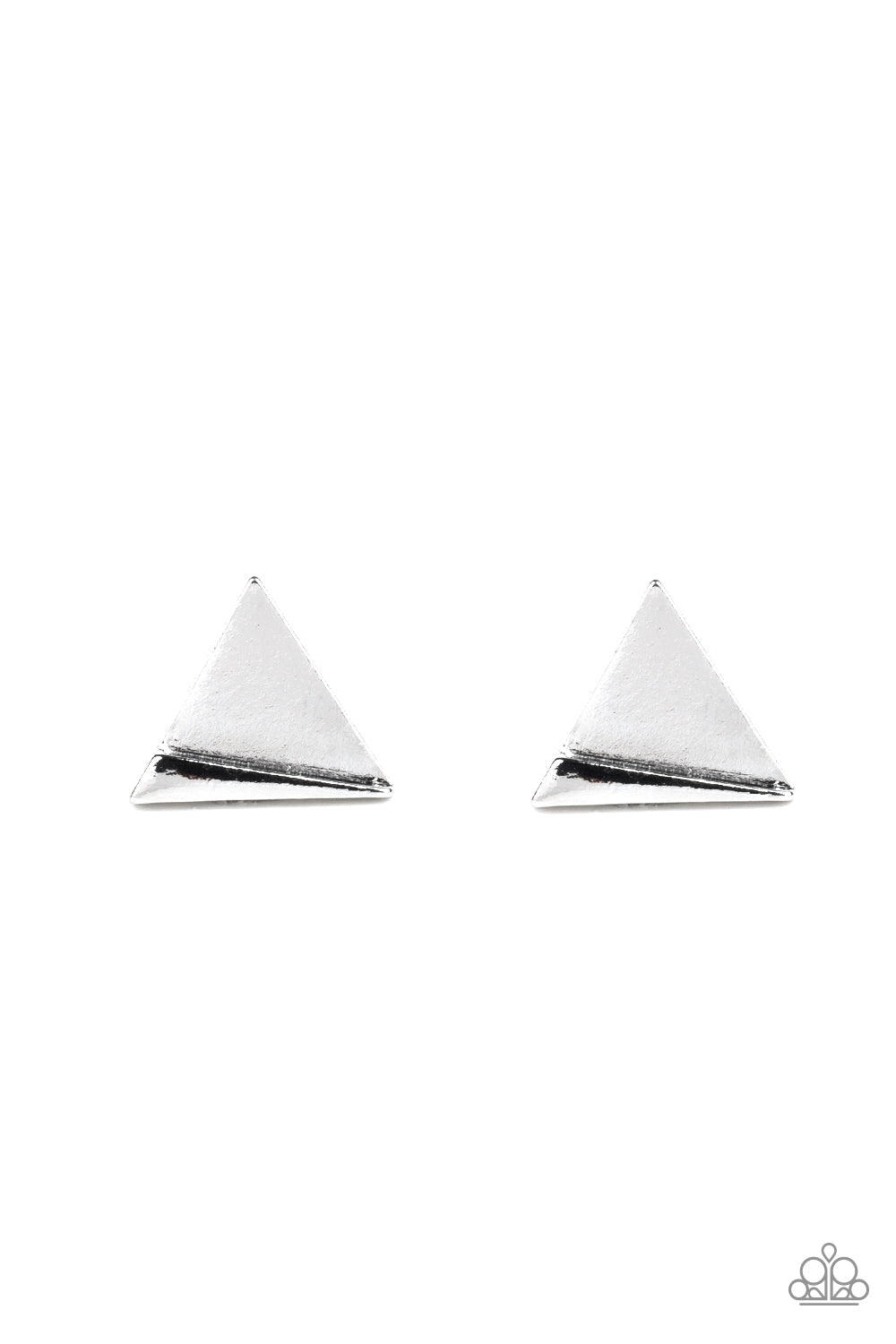 Die TRI-ing - Silver Earrings - Paparazzi Accessories - Trendy fashion jewelry for everyone - An angular frame is pressed into the bottom of a flat silver triangle, coalescing into an edgy frame. Earring attaches to a standard post fitting.