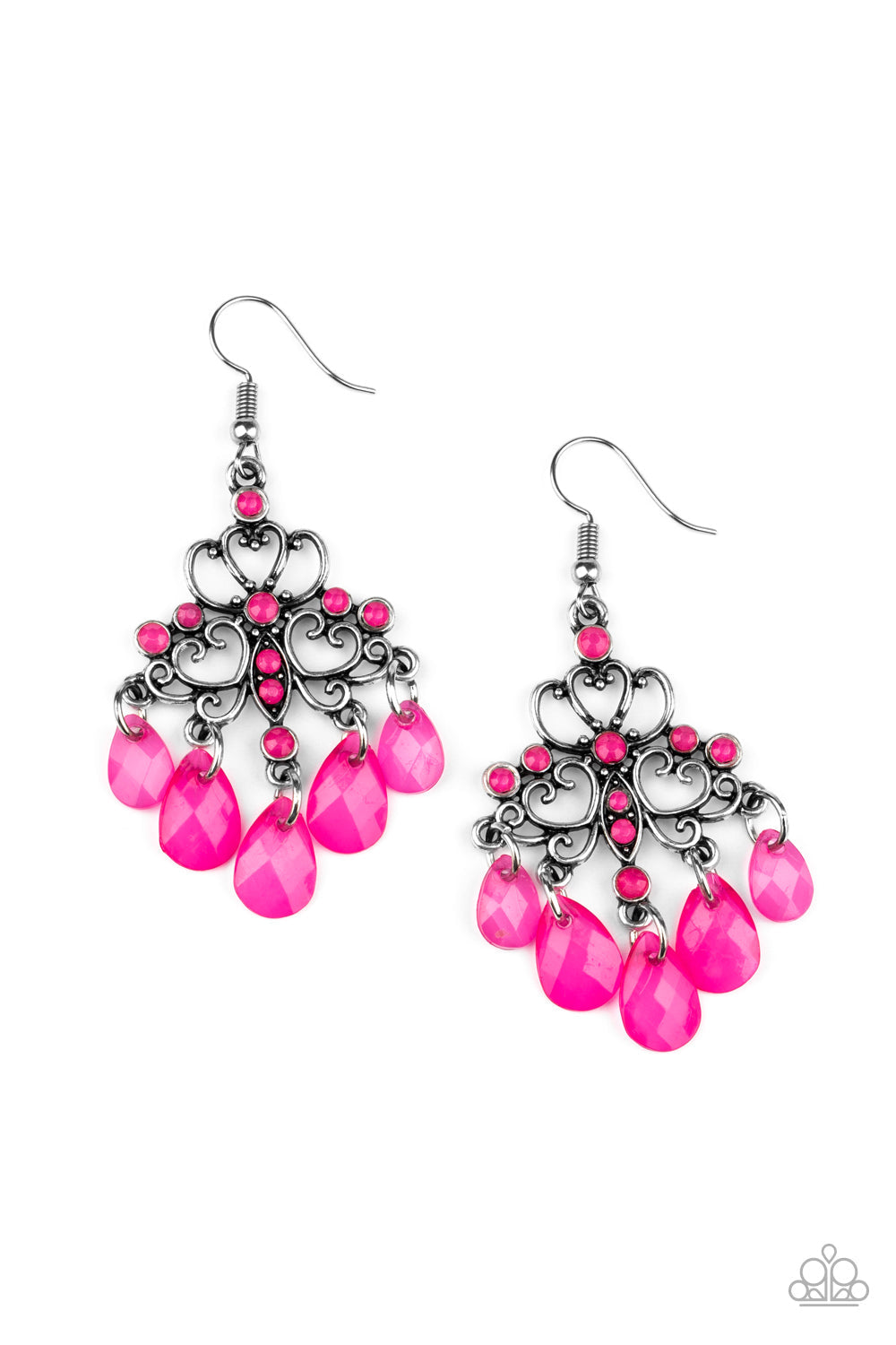 Dip It GLOW - Pink and Silver Fashion Earrings - Paparazzi Accessories - Cloudy pink teardrops swing from the bottom of an ornate silver frame radiating with dainty pink rhinestones for a whimsical look. Earring attaches to a standard fishhook fitting. Sold as one pair of earrings.