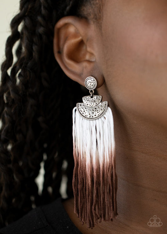 DIP It Up - Brown Fringe Earrings - Paparazzi Accessories - Gradually fading from white to brown, shiny cording streams from the bottom of hammered silver frames, creating a colorful fringe. Earring attaches to a standard post fitting. Sold as one pair of post earrings.