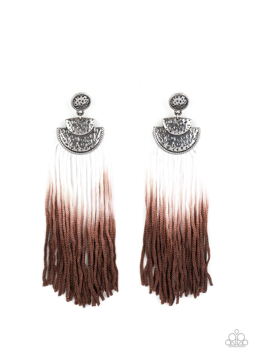 DIP It Up - Brown Fringe Earrings - Paparazzi Accessories - Gradually fading from white to brown, shiny cording streams from the bottom of hammered silver frames, creating a colorful fringe. Earring attaches to a standard post fitting. Sold as one pair of post earrings.