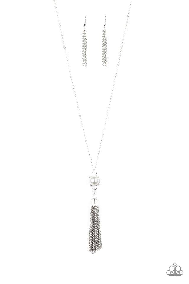 Diva Dance Party - White Pearl - Silver Necklace - Paparazzi Accessories - A pearl dotted frame gives way to a shimmery silver chain tassel, creating a timelessly stacked pendant at the bottom of a lengthened silver chain. Features an adjustable clasp closure. Sold as one individual necklace. 