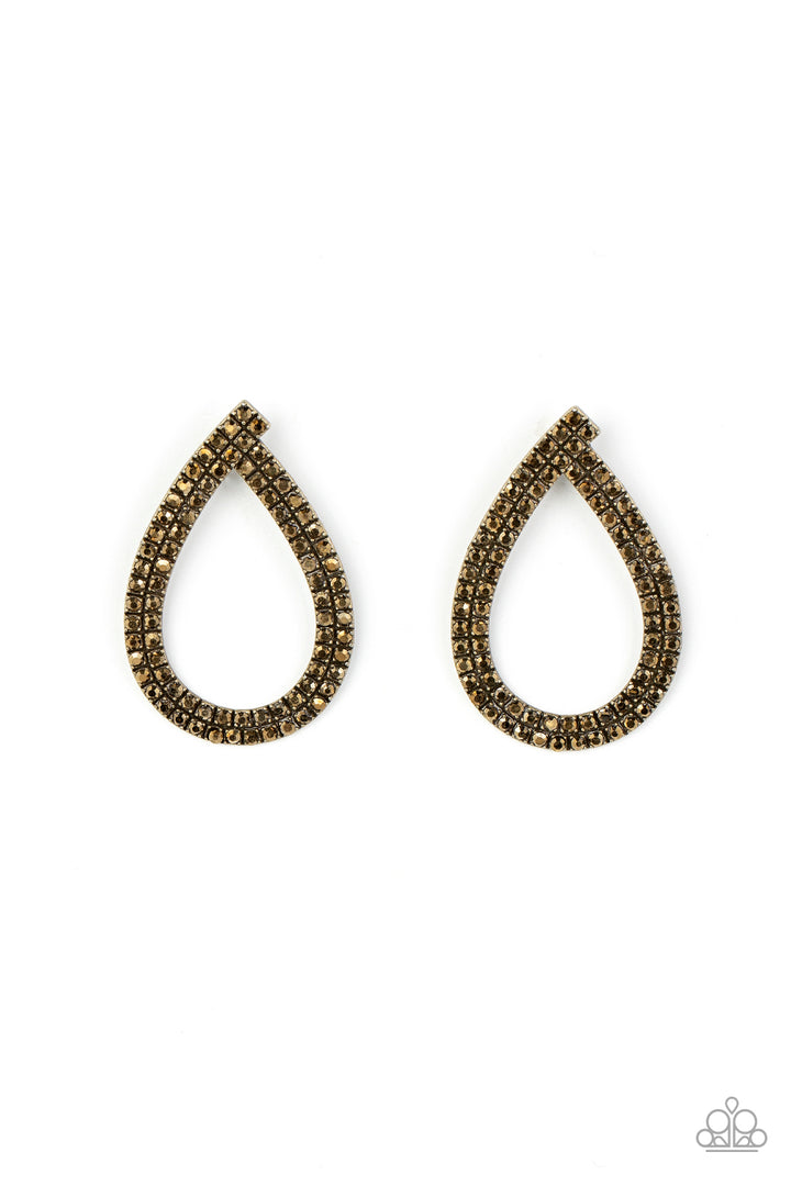Diva Dust - Brass Fashion Earrings - Paparazzi Accessories - Glitzy ribbons of dainty aurum rhinestones delicately swoop into a gritty teardrop frame, resulting in a sultry sparkle. Earring attaches to a standard post fitting.