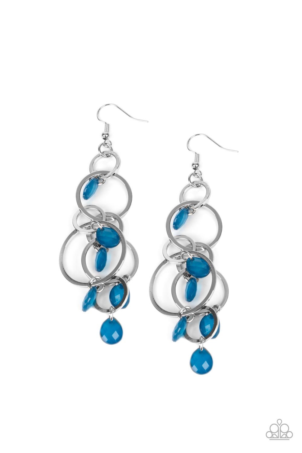 Dizzyingly Dreamy - Mykonos Blue and Silver Teardrop Earrings - Paparazzi Accessories - Opaque Mykonos Blue teardrops sporadically cascade from an assortment of mismatched silver links, resulting in a whimsically tasseled chandelier. Earring attaches to a standard fishhook fitting.