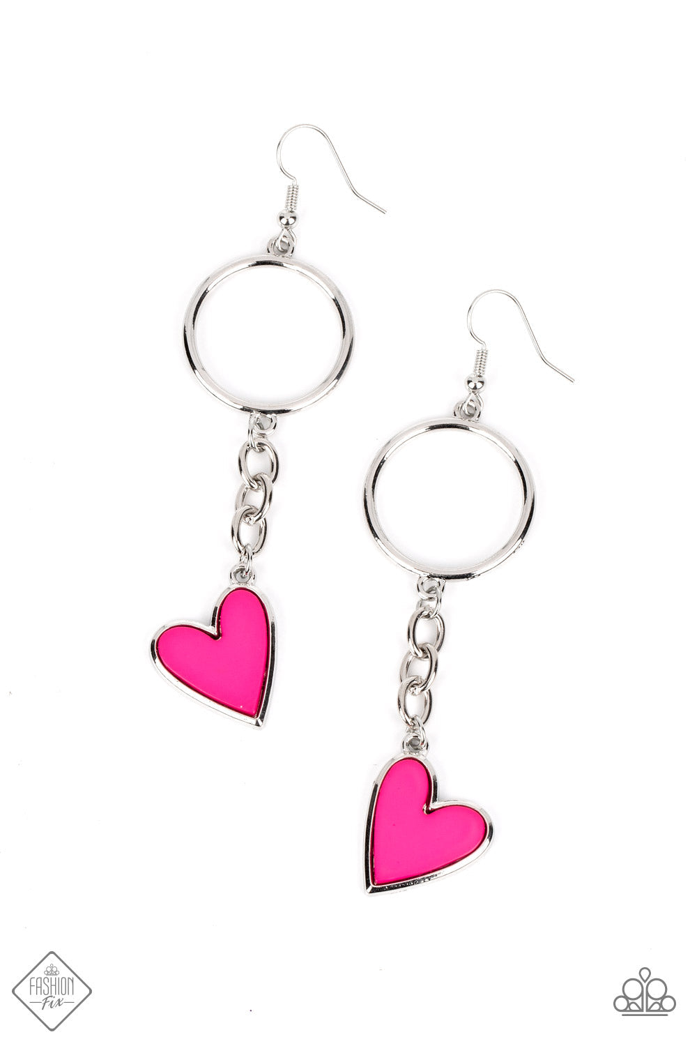Don’t Miss a HEARTBEAT - Pink Heart Fashion Earrings - Paparazzi Accessories - A vibrant pink heart, set atop a silver backing, swings from a strand of silver chain in a carefree cascade. A thick silver hoop anchors the pendant, adding a handcrafted touch to the design. Earring attaches to a standard fishhook fitting. - Trendy fashion jewelry for everyone -