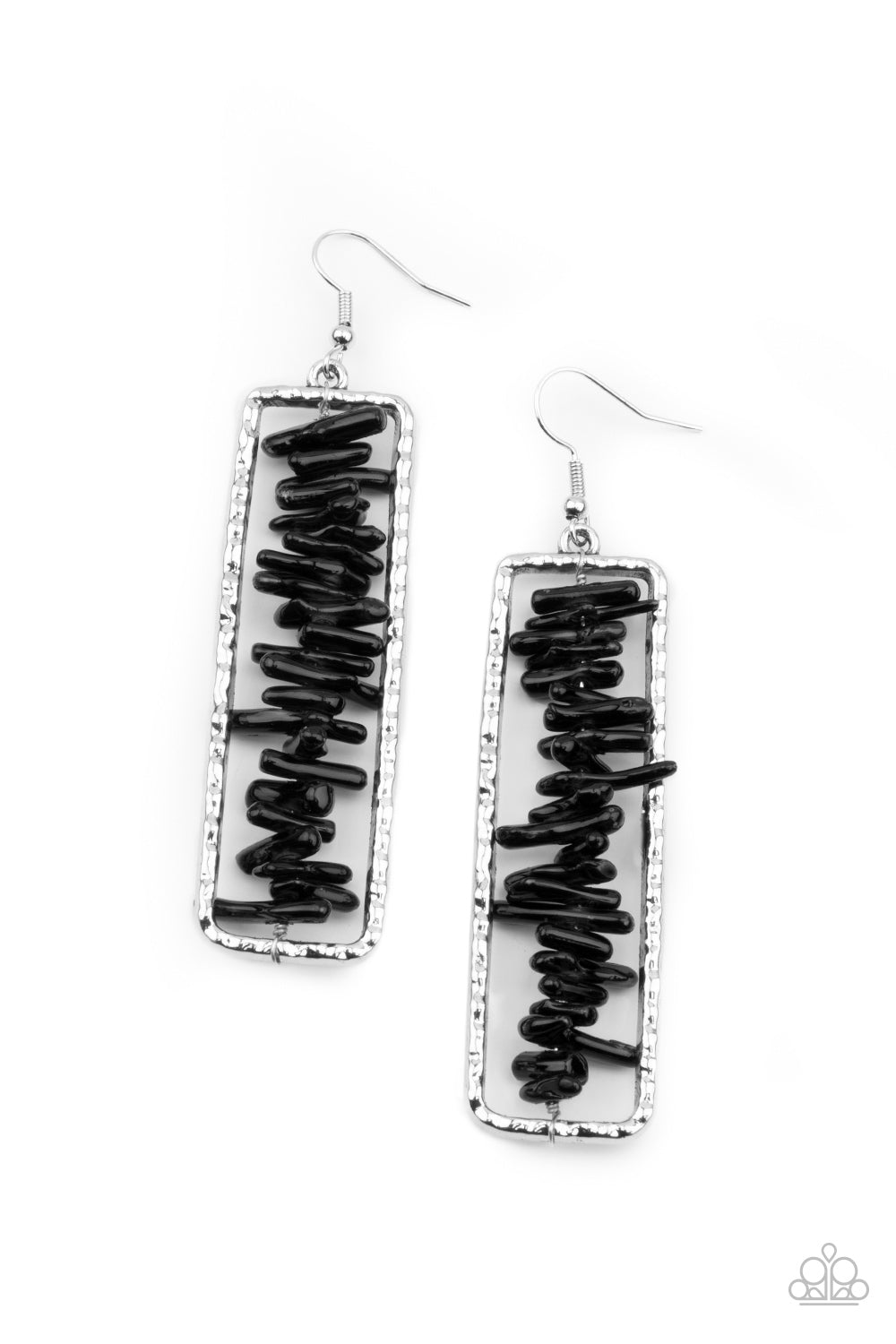 Dont QUARRY, Be Happy - Black Rock and Silver Fashion Earrings - Paparazzi Accessories - Bits of black rock are threaded along a metal rod inside a hammered silver rectangle, creating an earthy frame. Earring attaches to a standard fishhook fitting. Sold as one pair of earrings.