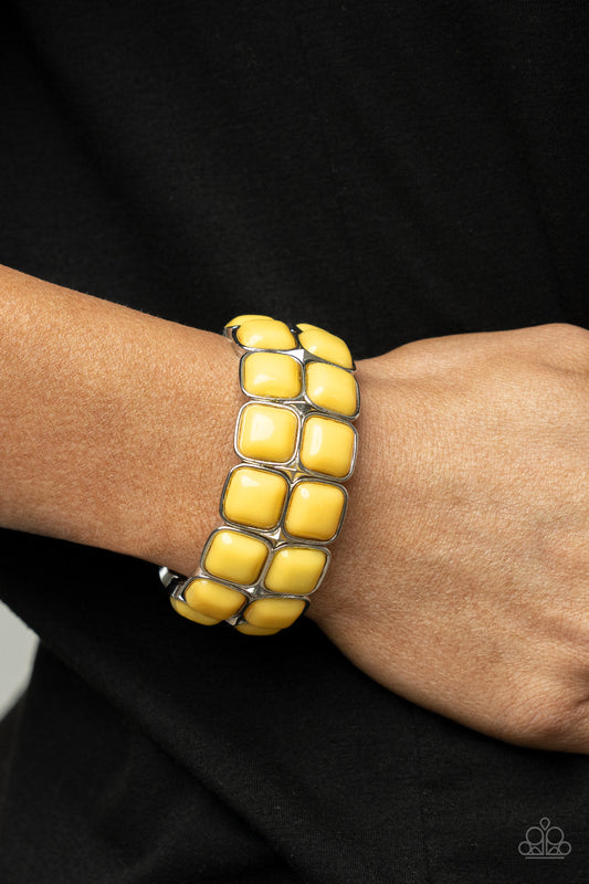 ​Double The DIVA-ttitude - Yellow and Silver Stretchy Bracelet - Paparazzi Accessories - 
Stacks of cubed Illuminating beaded silver frames are threaded along a stretchy band around the wrist, creating a bubbly pop of color. Sold as one individual bracelet.
