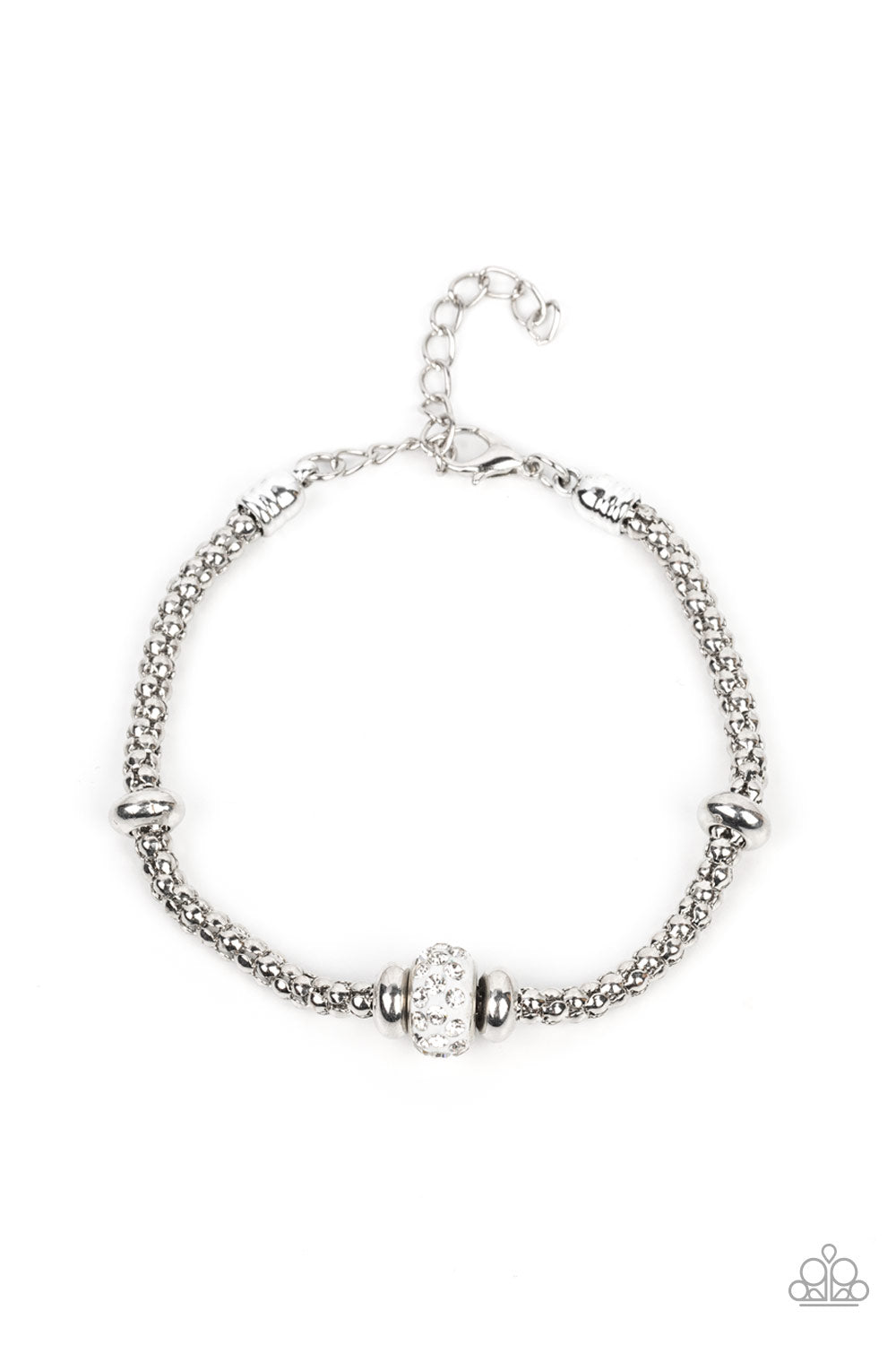 Downtown Decoupage - White and Silver Bracelet - Paparazzi Accessories - Flanked by silver disc-like beads, a white rhinestone dotted bead adorns the center of a silver popcorn chain around the wrist for a dazzling finish. Features an adjustable clasp closure. Sold as one individual bracelet.