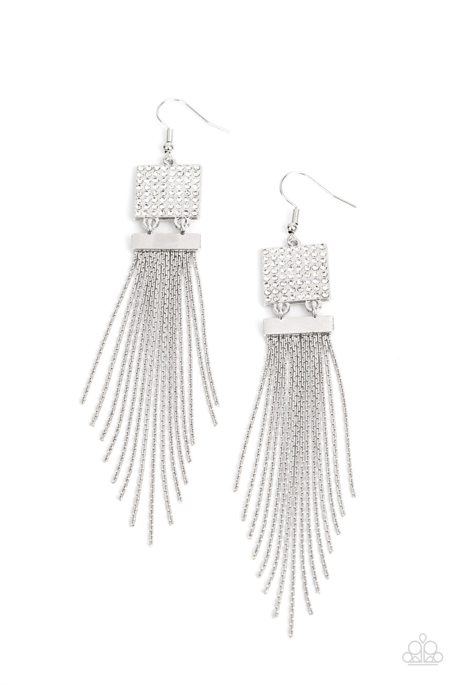 Dramatically Deco - White and Silver Earrings - Paparazzi Accessories - A tapered curtain of flat silver chains cascades from a silver rectangular fitting that delicately links to a silver square frame dotted in dainty white rhinestones, resulting in a trendy tassel.