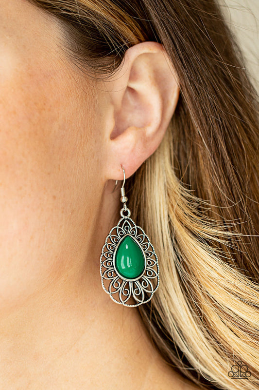 Dream STAYCATION - Green and Silver Earrings - Paparazzi Accessories - A shiny Mint teardrop bead is pressed into the center of an airy silver teardrop frame radiating with ornate petals for a whimsical finesse. Earring attaches to a standard fishhook fitting. Sold as one pair of earrings.