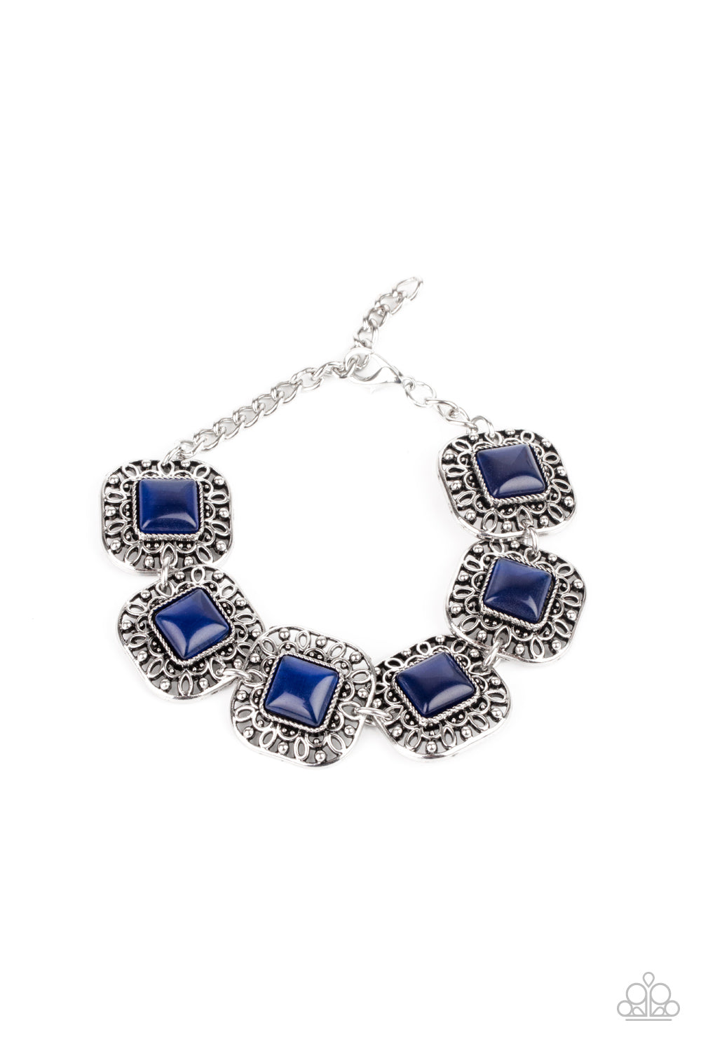 Dreamy Destinations - Blue Cat's Eye and Silver Bracelet - Paparazzi Accessories - 
Dotted with blue cat's eye stones, square filigree filled silver frames delicately link around the wrist for a dreamy display. Features an adjustable clasp closure. Sold as one individual bracelet.

