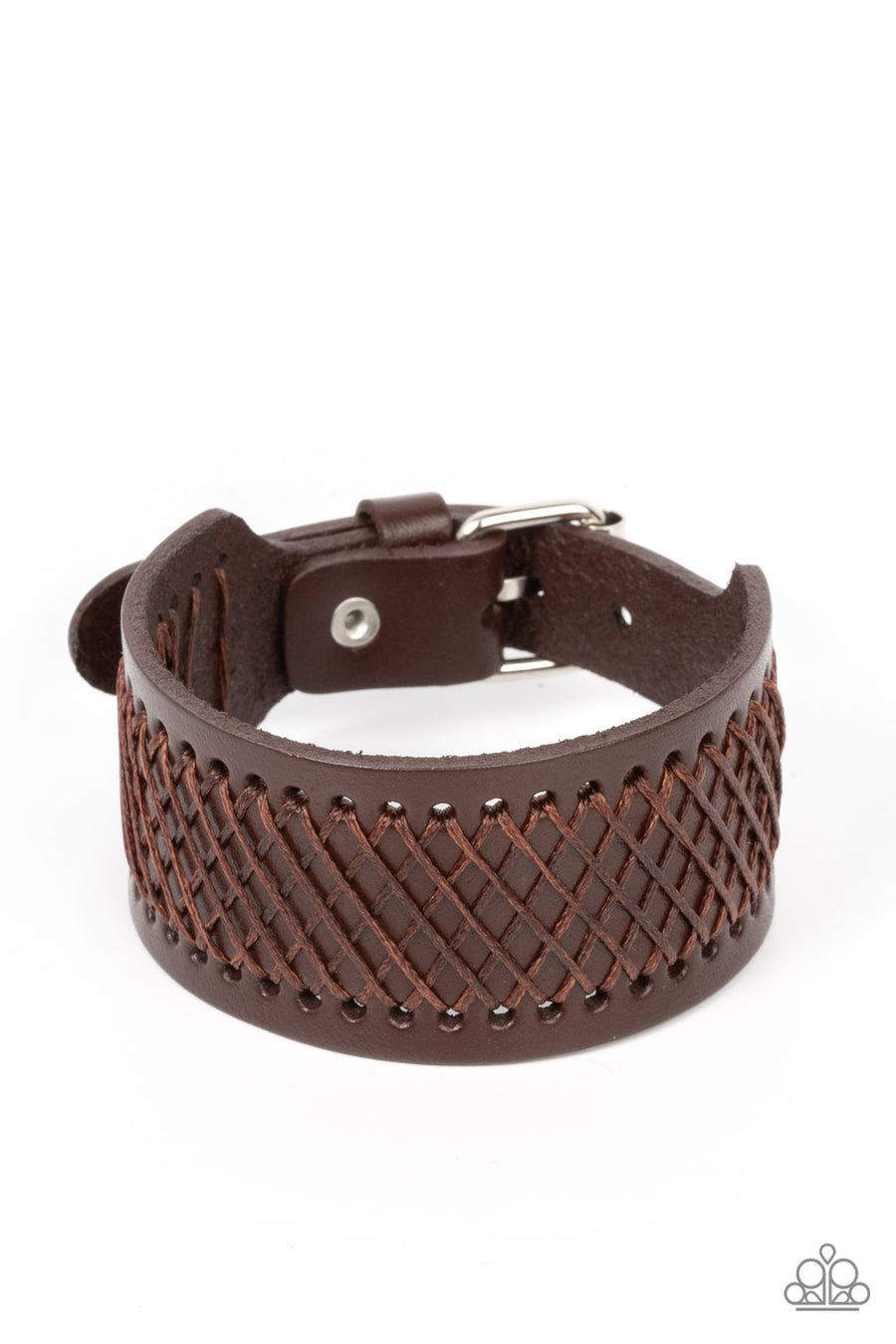 Drifter Discovery  - Brown Urban Leather Bracelet - Paparazzi Accessories - Shiny brown cording boldly crisscrosses across the front of a thick brown leather band, creating an edgy centerpiece around the wrist. Features a buckle closure.