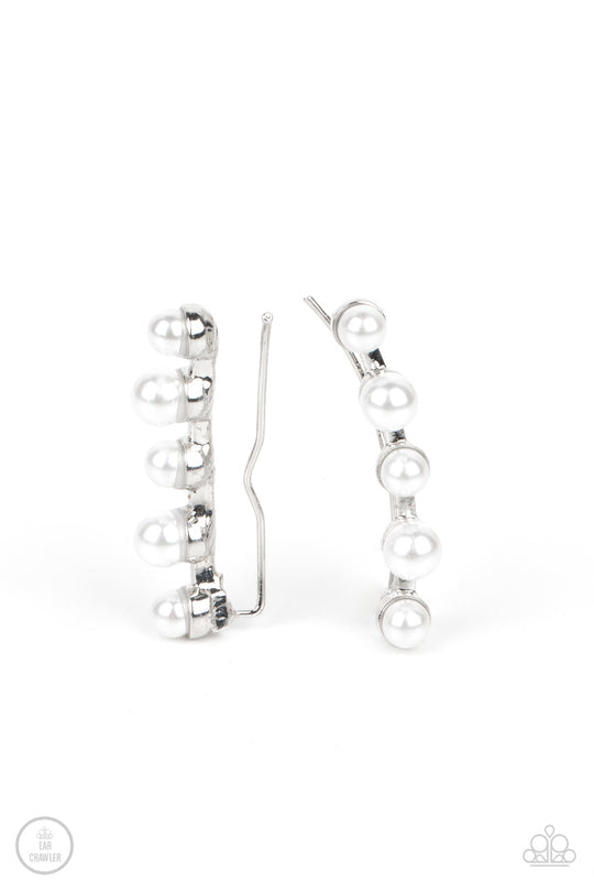 Drop-Top Attitude - White Pearl and Silver Post Crawler Earrings - Paparazzi Accessories - Row of white pearls dots a shiny silver bar that delicately climbs the ear. Features an extended post fitting that climbs the back of the ear and can be pressed together for a more secure fit.